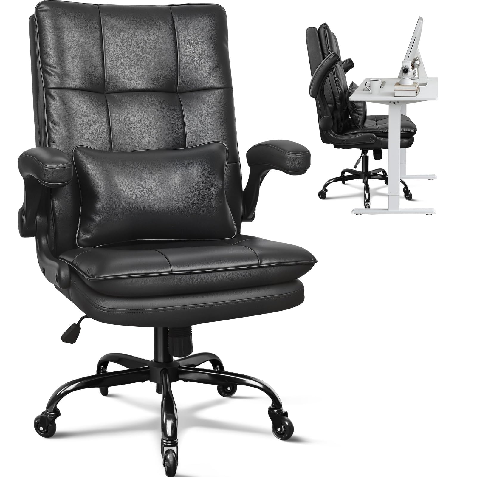 BASETBL Ergonomic Executive Office Chair, Double-Layer Thick Seat Cushion Lumbar Support Flip-Up Armrests Height Adjustable, PU Leather Black, Rubber Casters Computer Desk Chairs for Home & Business