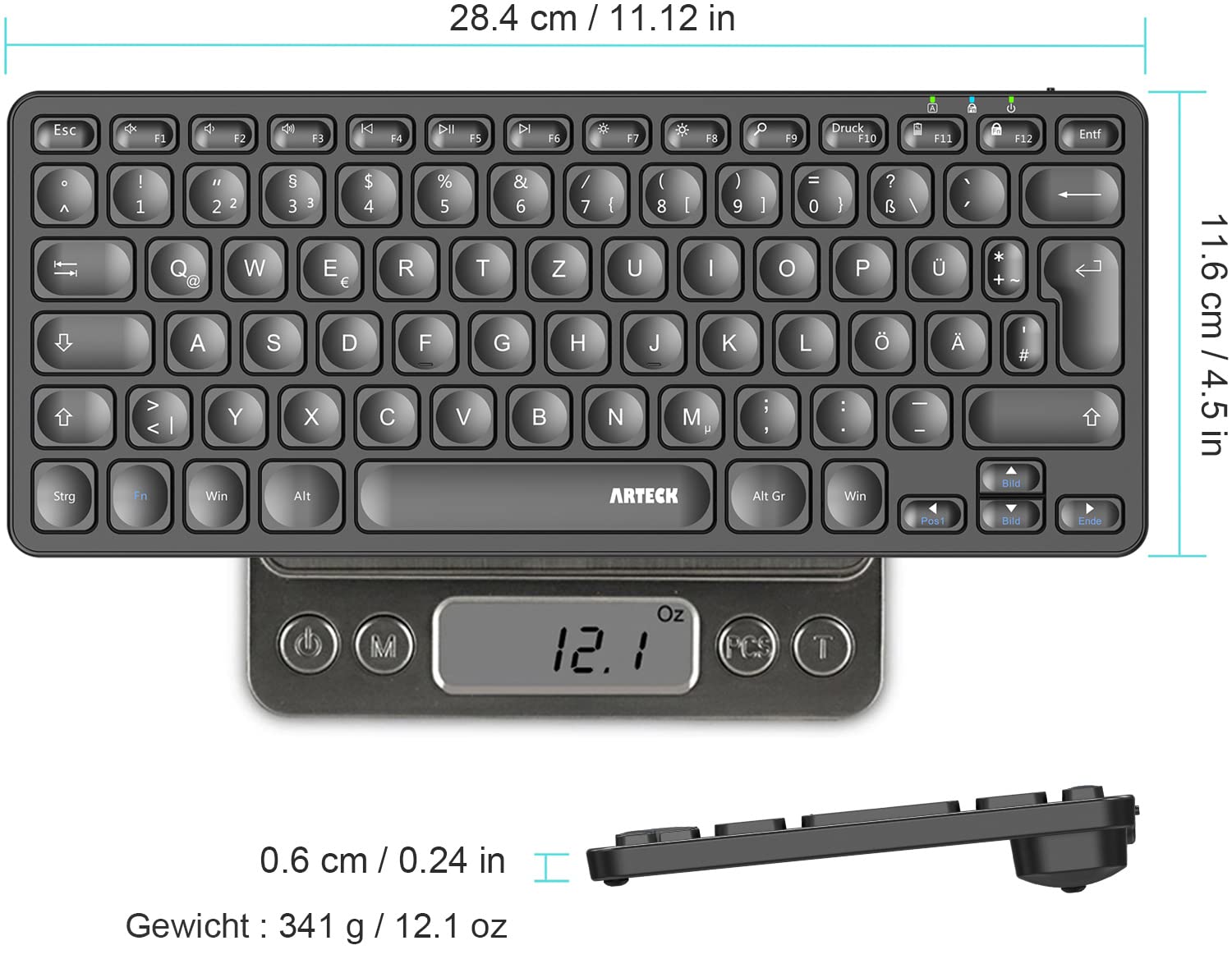 Arteck Kabellose Tastatur, Deutsches QWERTZ Layout wiederaufladbare USB Anschluss 2,4 GHz Kabellos Tastatur mit Multimedia-Tasten, Kompatibel mit PC, Computer, Notebook, Laptop, Windows 11, 10, 8