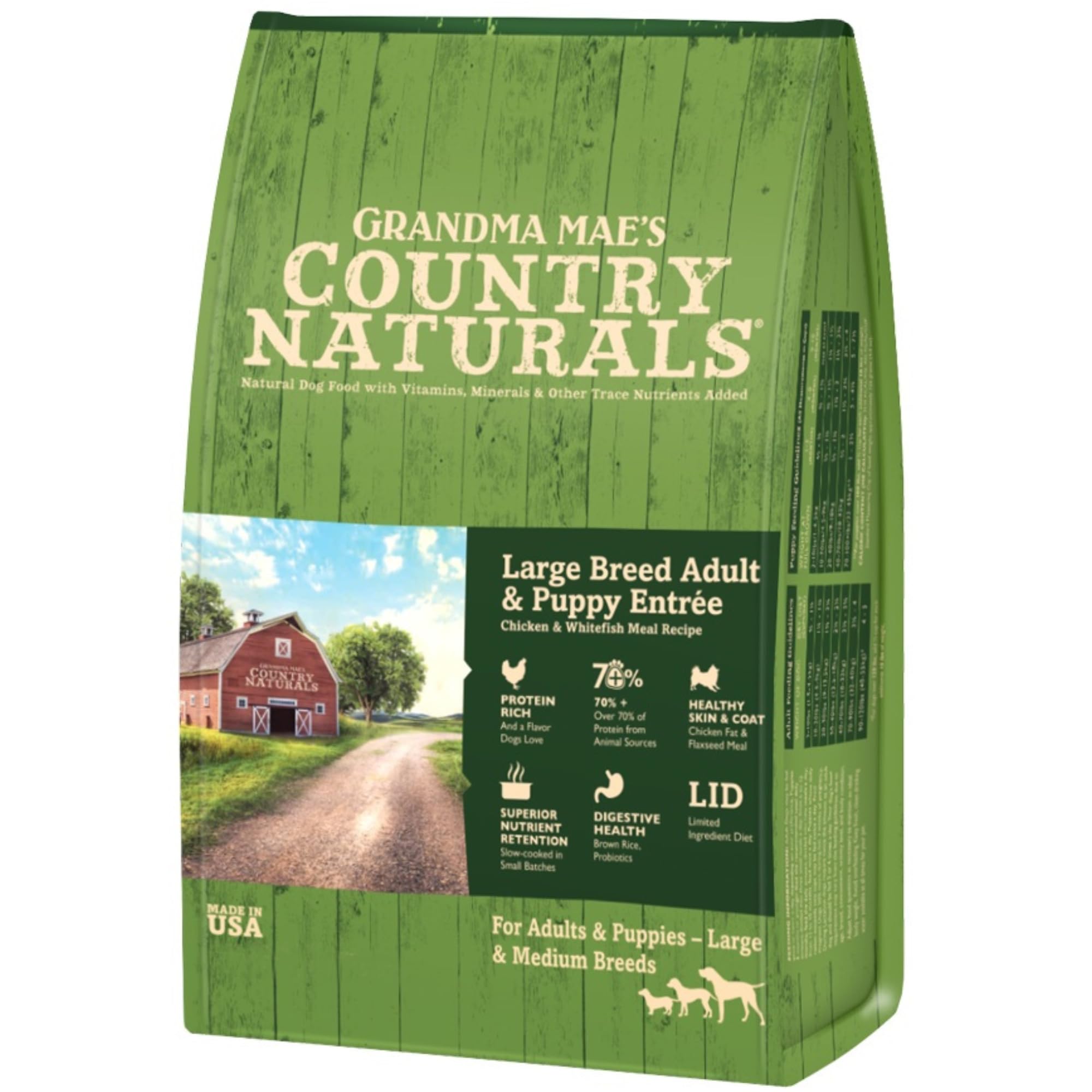 Grandma Mae’s Country Naturals Dry Dog Food, Large Breed Formula, Chicken, Fish & Brown Rice, Slow Cooked & Nutrient Dense, Made in USA, 14 LB Bag