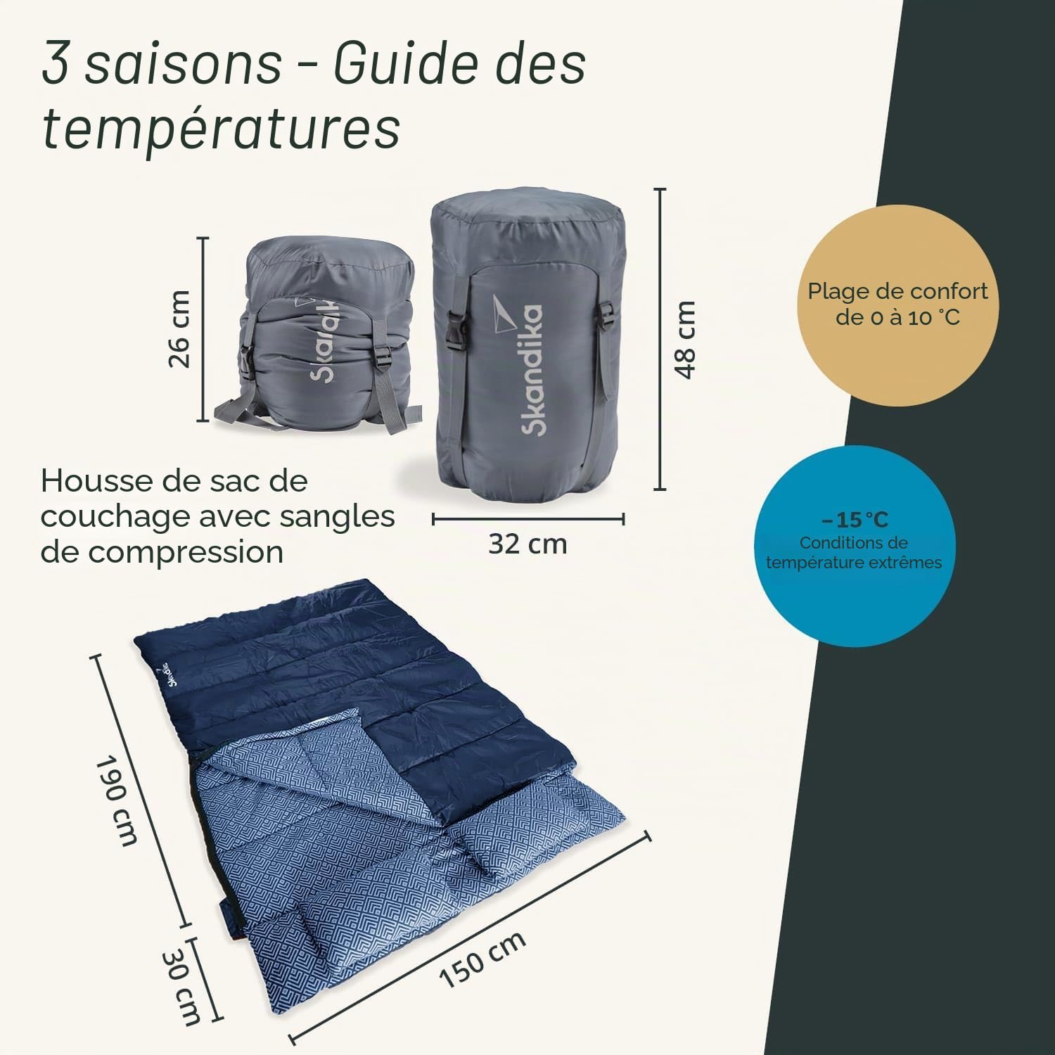 Skandika Sac de Couchage rectangulaire Iceland Double | Sac de Couchage Adulte 2 Places, 3 Saisons, avec/sans Flanelle, utilisable comme Sac de Couchage Individuel