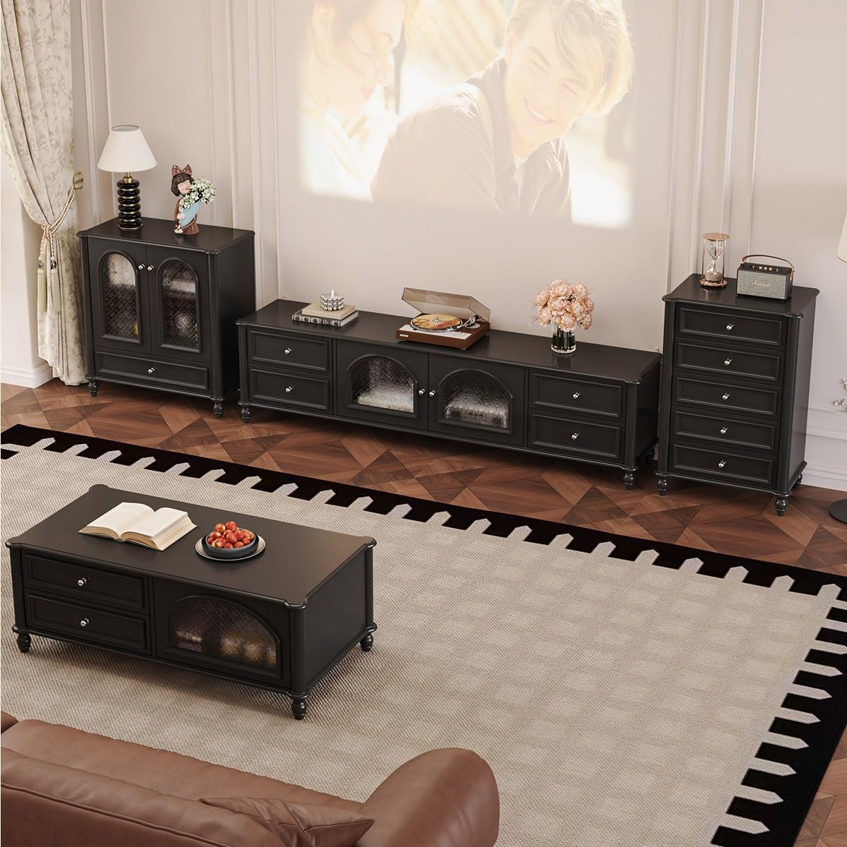 Mobile TV 200cm Console Legno Massello Vintage, Hub Intrattenimento Nero Rustico, Mobile Deposito per Alberghi & Agriturismi Console multimediale