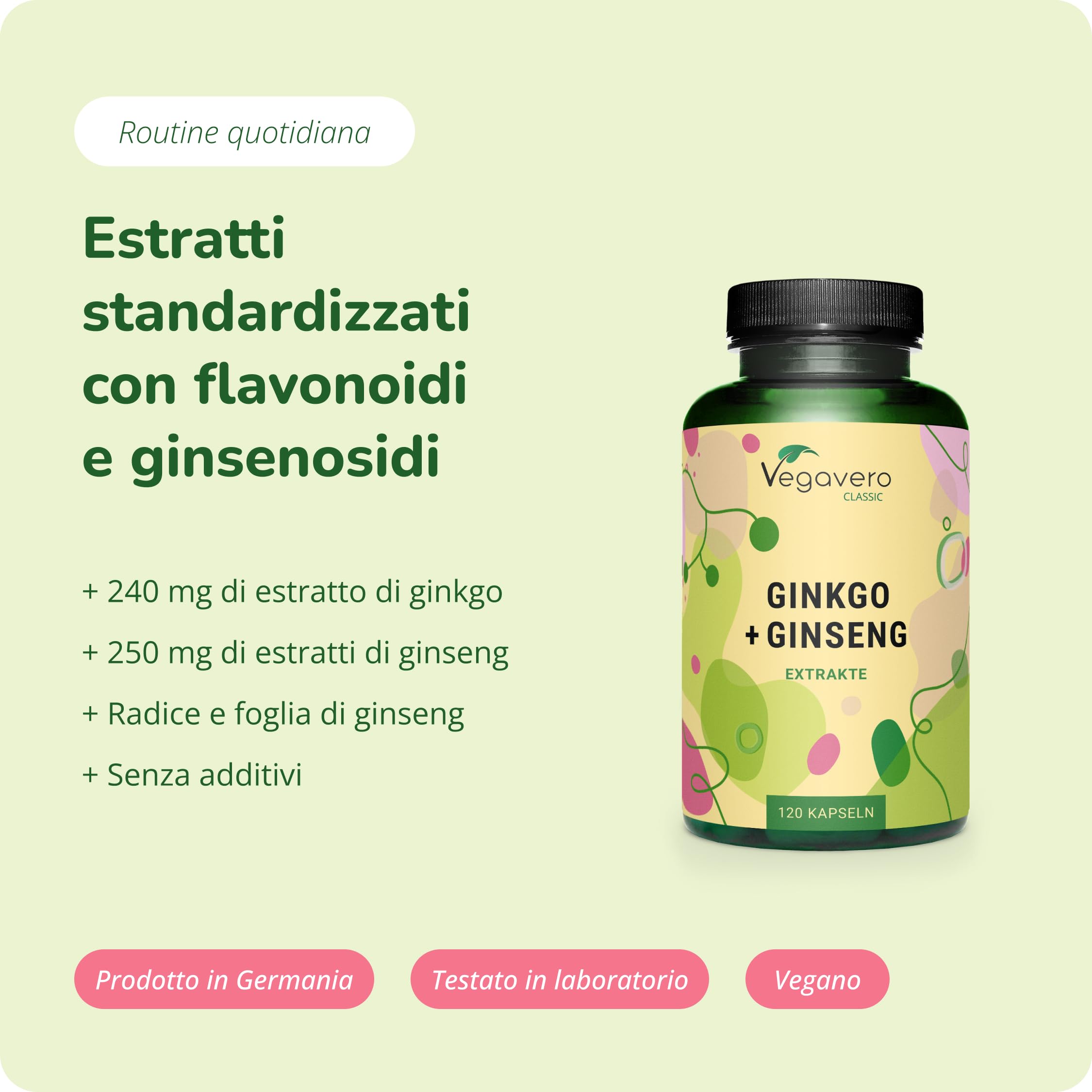 Ginkgo Biloba e Panax Ginseng | Con 20% Ginsenosidi e 24% Glucosidi Flavonoidi | SENZA ADDITIVI | 120 capsule | Vegan | Vegavero®