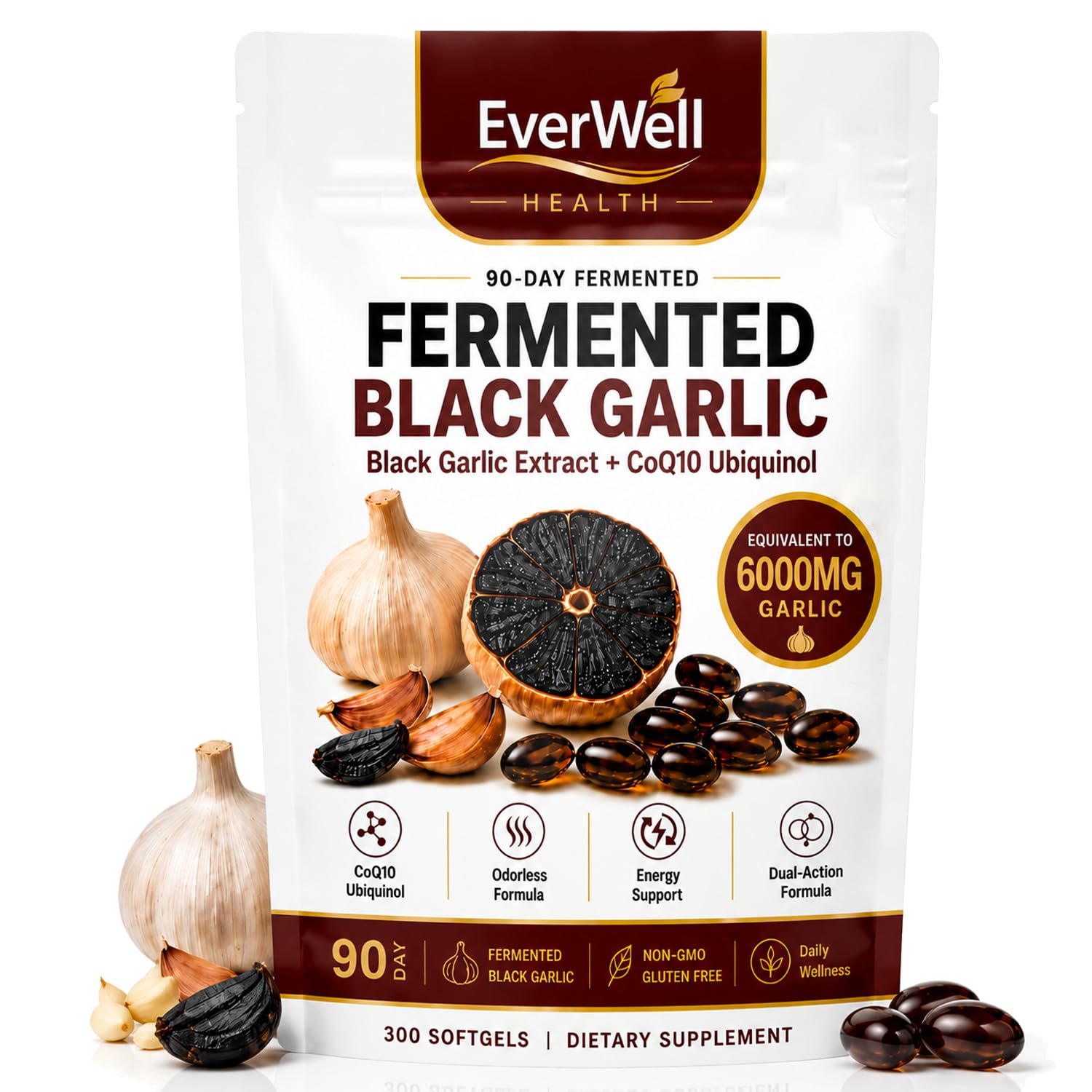Everwell Black Fermented Black Garlic + Coq10 Ubiquinol Softgels, Odorless Aged Garlic Supplements, Fermented Black Garlic Extract, Cellular Energy & Antioxidant Support, 300 Softgels