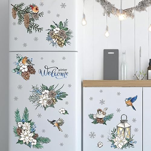 Miniatura 4 de Mfault 152 calcomanías de pared de pájaros de bienvenida de invierno, 9 hojas, ramas de flores de pascua, chickadé, copos de nieve de pájaro azul,