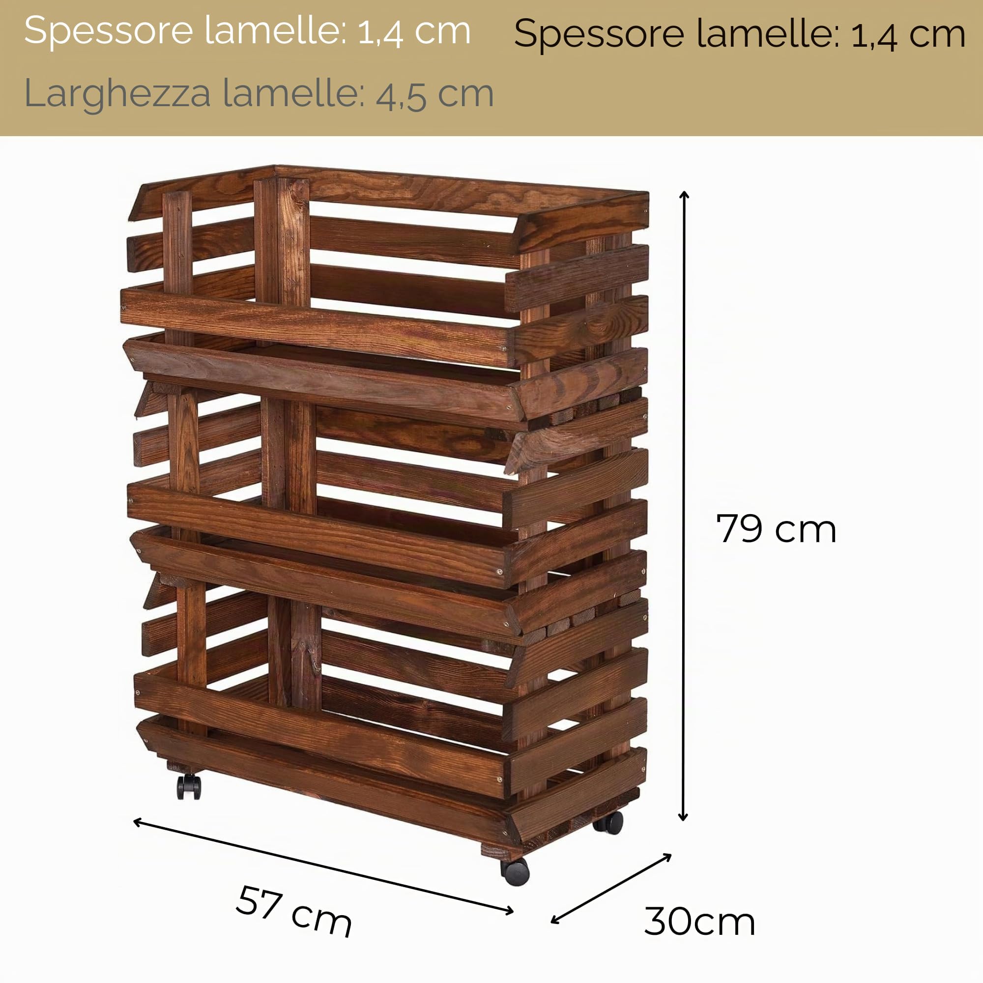 Cassetta Porta Verdura In Legno 57x79x30 cm Con Ruote Scaffale Porta Patate Frutta E Verdura A 3 Livelli Con Ceste Impilabili Contenitore Cucina In Legno Naturale