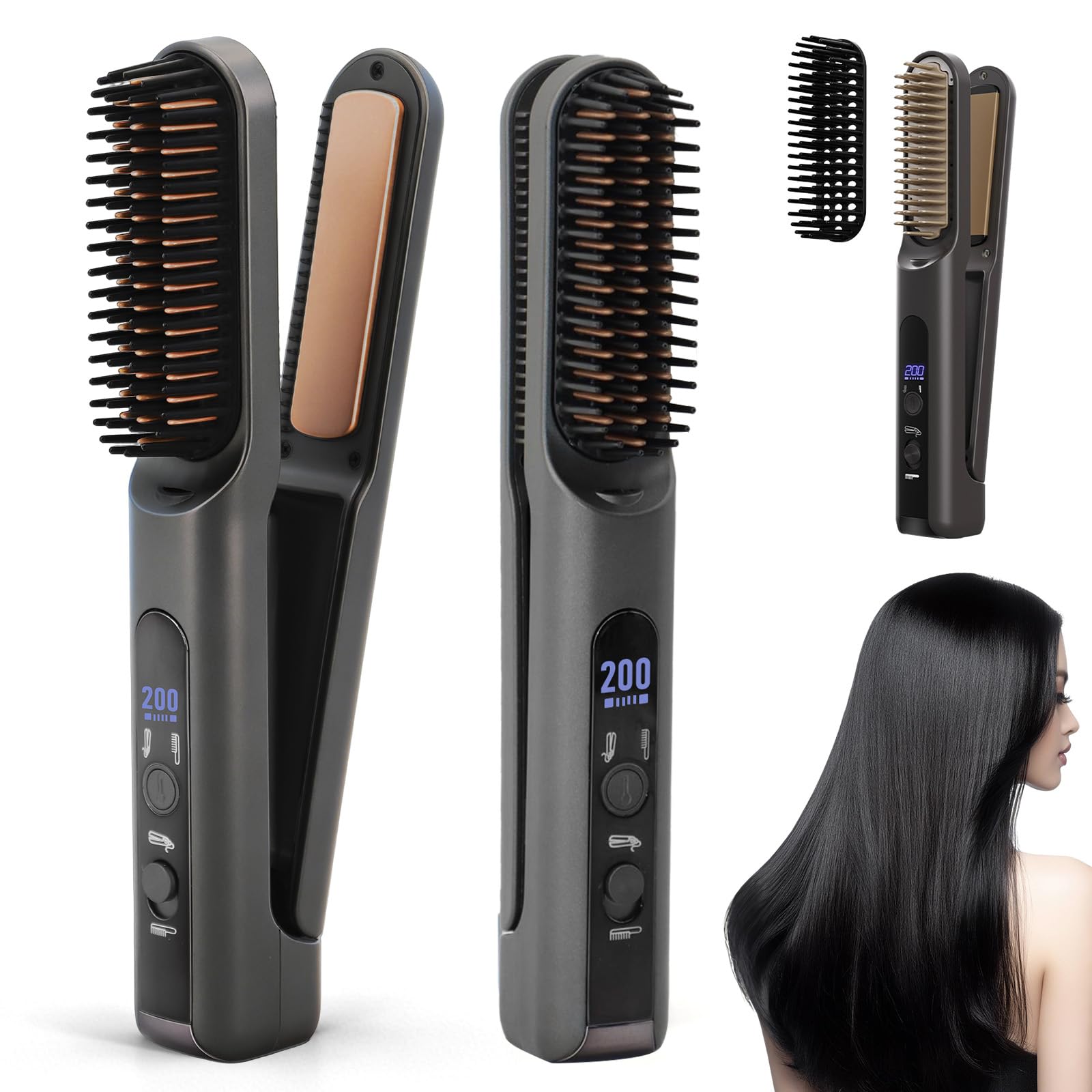 Scettar Spazzola lisciante per capelli senza fili, 2 in 1, ricaricabile, portatile, con 5000 mAh, ideale per viaggi, ferro da stiro e spazzola combinata per uno styling liscio e senza crespo (nero)