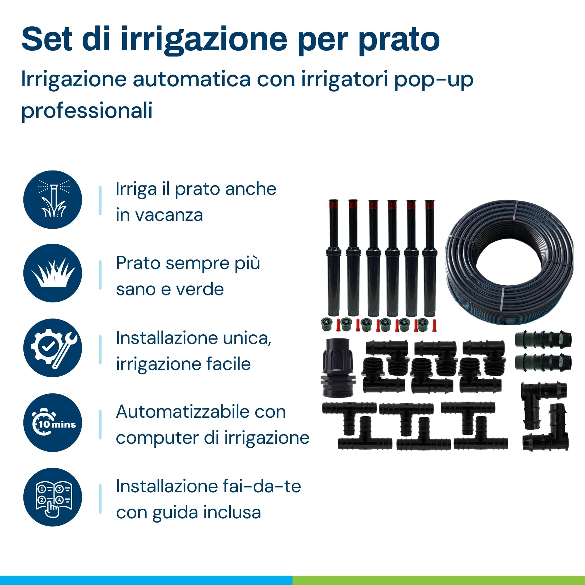 BluNature Irrigatore Pop-Up per Giardino - Kit Sistema di Irrigazione a Spruzzo per Prati fino a 70m²