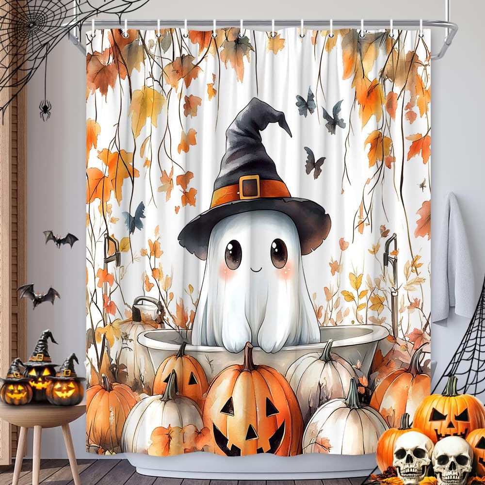 Fall Spooky Ghost Shower Curtain Funny Ghost Take Bath Bat Halloween Pumpkin Maple Leaf Thanksgiving Bath Decor Polyester Fabric Curtains 90X70 Inch