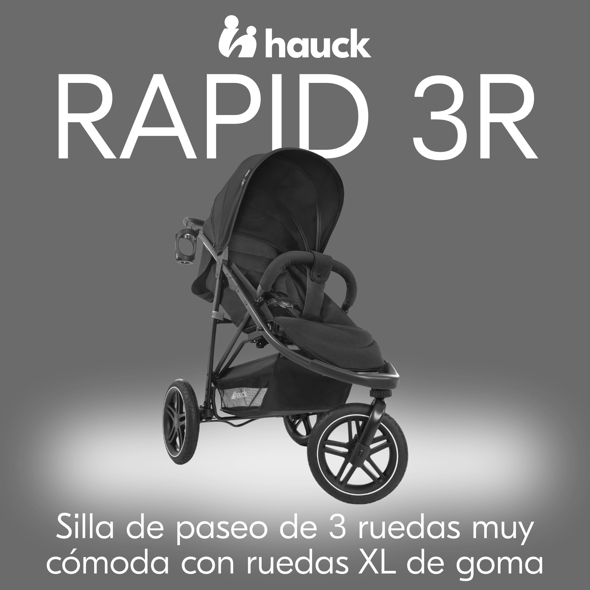 hauck Rapid 3R Carro 3 Ruedas Bebe - Silla de Paseo Ligera hasta 22 Kilos - Carrito Reclinable desde Nacimiento con Protección UV 50+ - Neumáticos de Goma - Compacto - Cesta Grande - Negro
