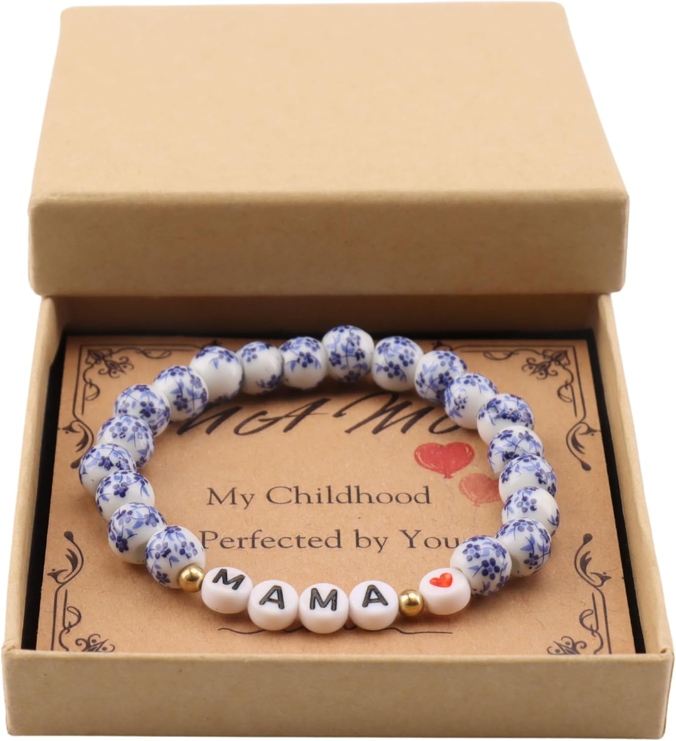 Blue And White Porcelain Bracelet For Mom Daughter, Chinoiserie Bohemian Vintage Floral Jewelry, Mothers Day Gifts, Stretch Bracelets for Women MAMA GIGI NANA Grandma - Image 2