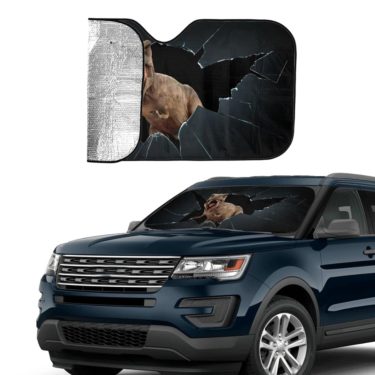 YOSA Funny Car Windshield Sun Shade Angry Dinosaur Driver Front Window Sunshade Tyrannosaurus Escaped Sun Visor Shades for Truck Pickup SUV Car, Blocks UV Rays Keep Vehicle Cool(Broken Window)