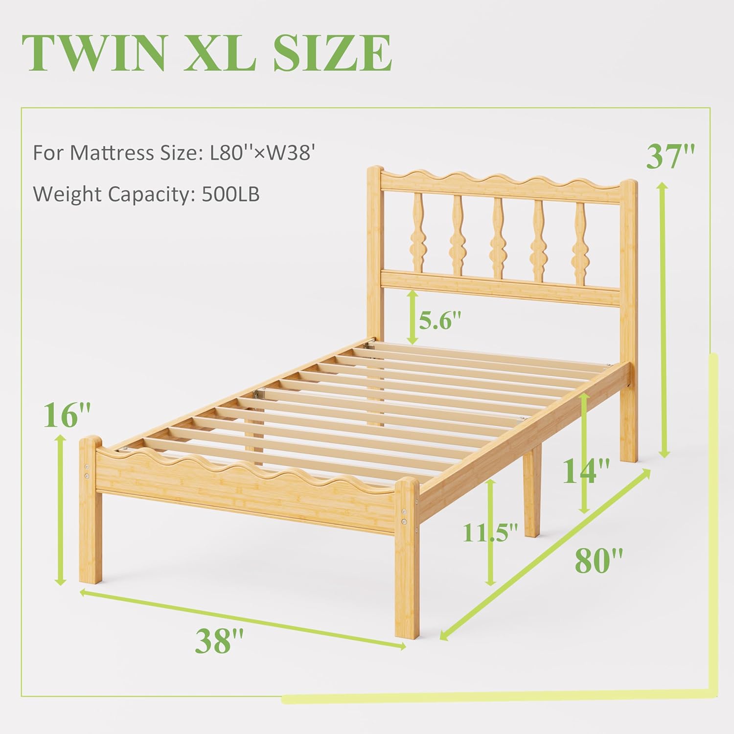 ZIYOO Solid Bamboo Wood Twin XL Bed Frame with Headboard, 14 inch Platform Twin XL Bed Frames No Box Spring Needed with Steel Slats, Sturdy and Stable, Easy Assembly, Noise Free