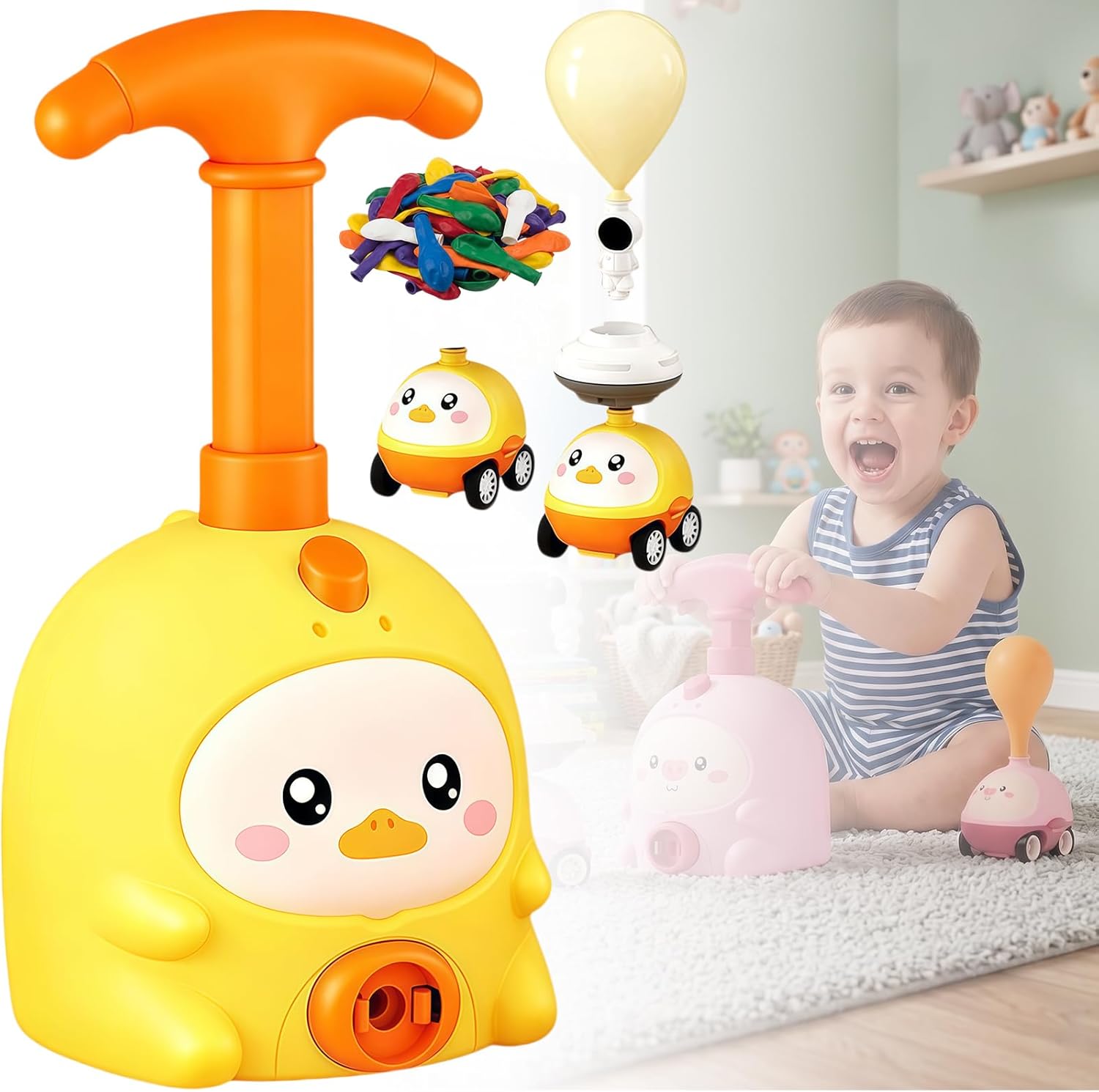 Upgrade Balloon Launcher Toy Set, Balloon Launcher Car Toy Pump Set, Animal Air Powered Balloons Cars Toy, 2-in-1 Races on Ground & Flies in Air, DIY Physics Learning (Yellow-2cars)