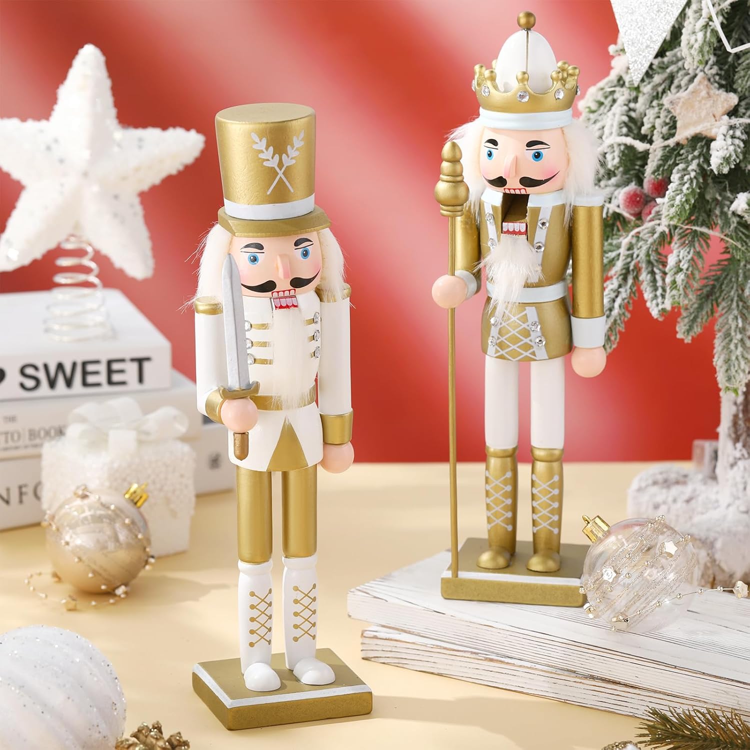 Huwena 2 Pcs Christmas Nutcracker Ornaments Wooden Nutcracker Soldier Figure Decor 12 Inch Holiday Festive Figures for Xmas Party Shelves Table Decoration(Gold)