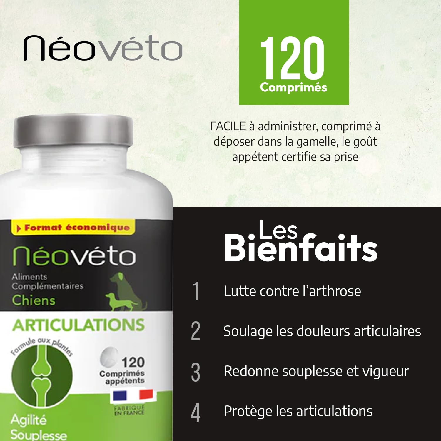 Articulations Chien - 120 comprimés naturels - Arthrose Chien - Anti-inflammatoire - Actifs agréés par Les Services vétérinaires - Fabriqué en France