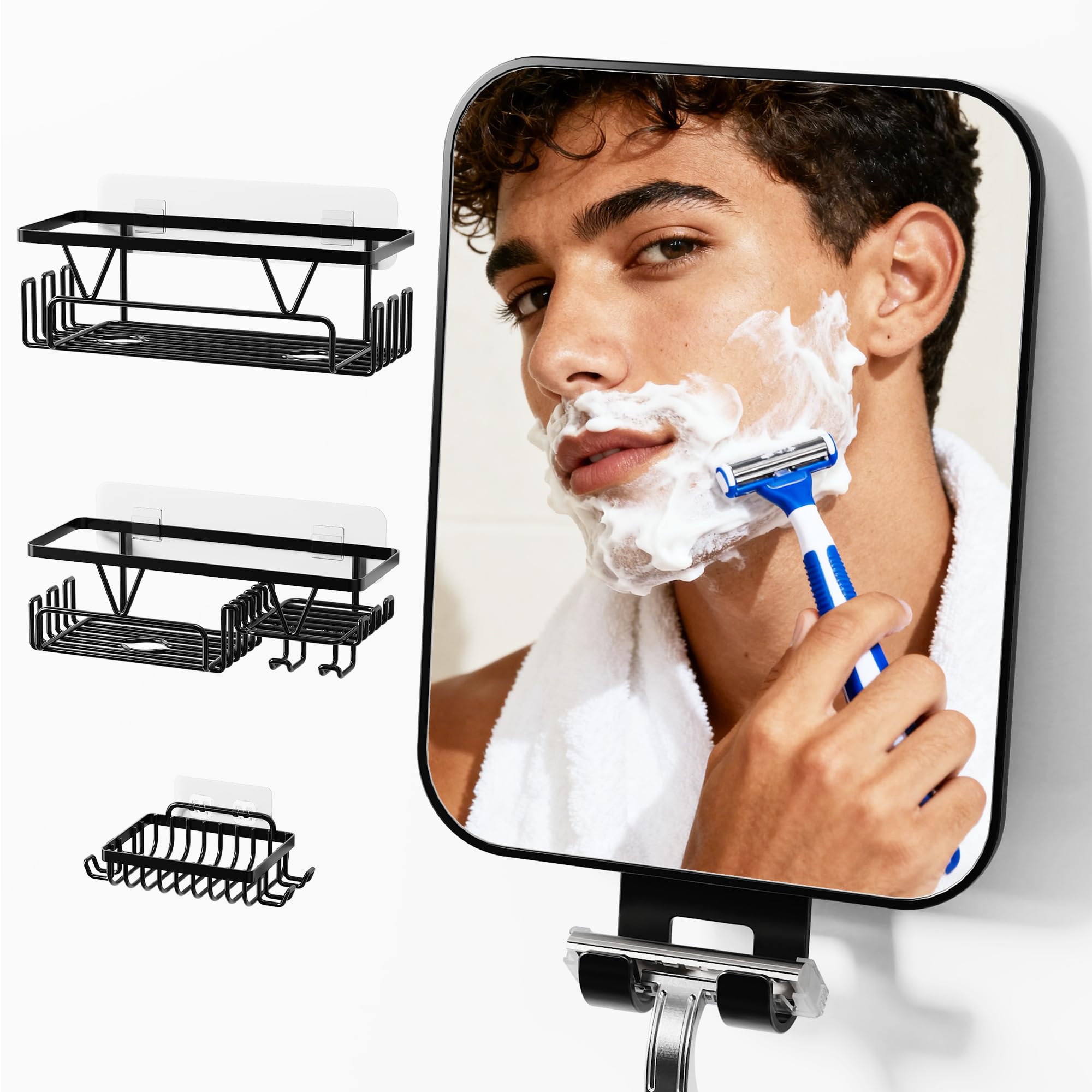 KEGII Fogless Shower Mirror for Shaving with Razor Holder 3-Pack Adhesive Shower Caddy Set with Soap Tray 12