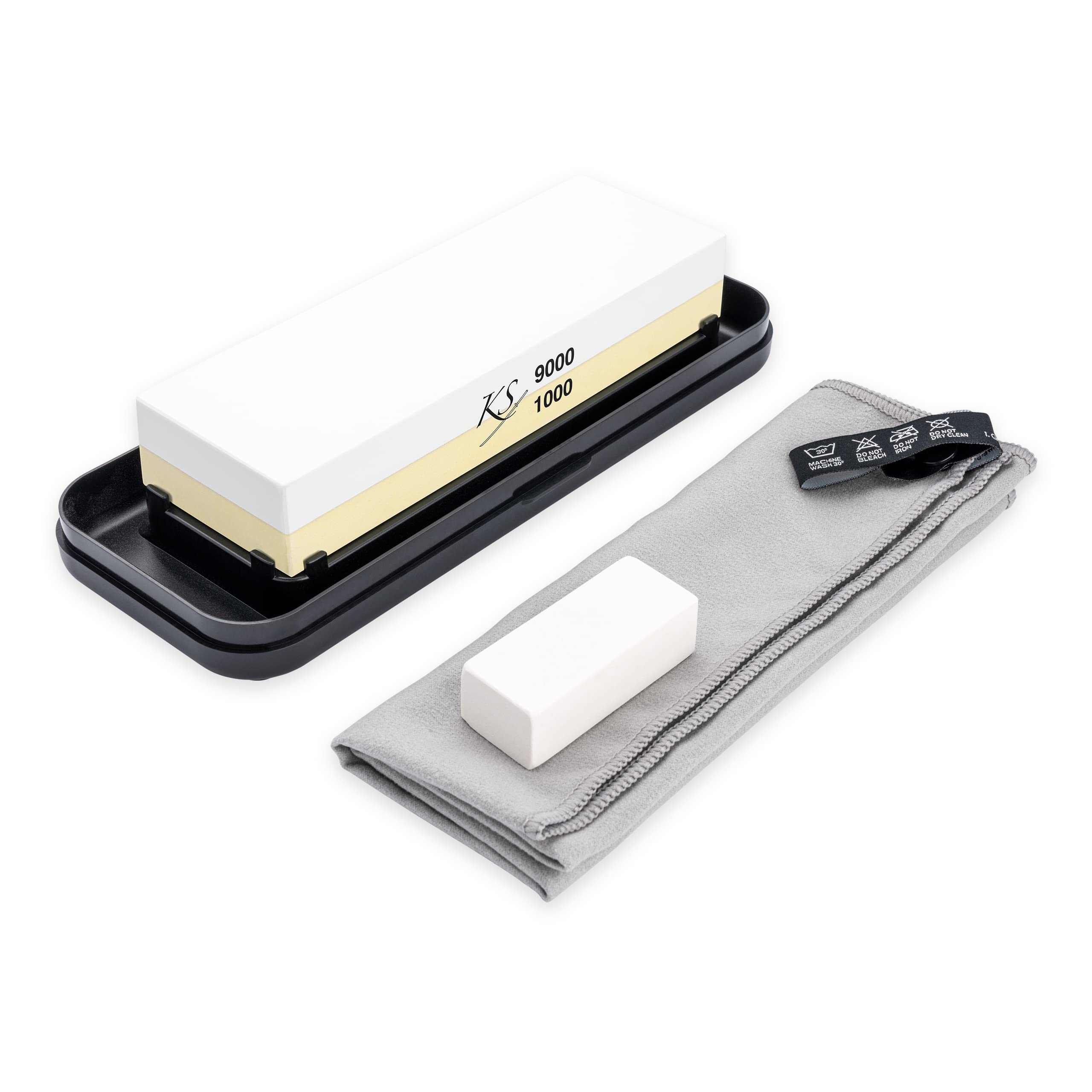 Katana Saya Whetstone Sharpening Kit, Combination Medium/Superfine, 1000/9000 Grit, Non-Slip Base, Levelling Stone and Cloth, Knife Sharpener