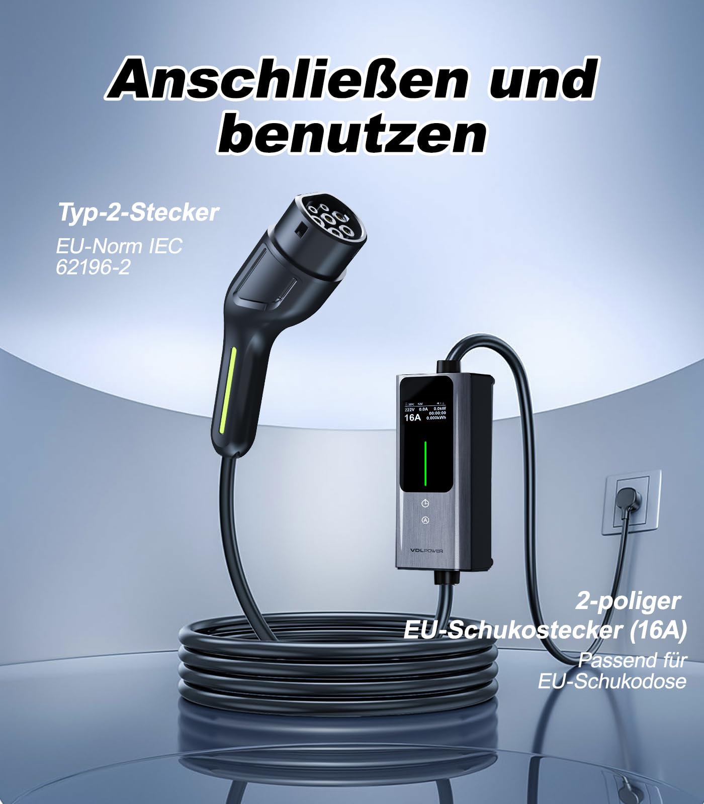Typ 2 Ladekabel, 3.6KW /5M Ladekabel Elektroauto, 6A-16A Tragbare EV Ladegerät, Typ 2 Wallbox Ladestation(IEC 62196-2) für Elektrofahrzeuge mit Einphasigem EU-Schuko(3.68KW-5M)