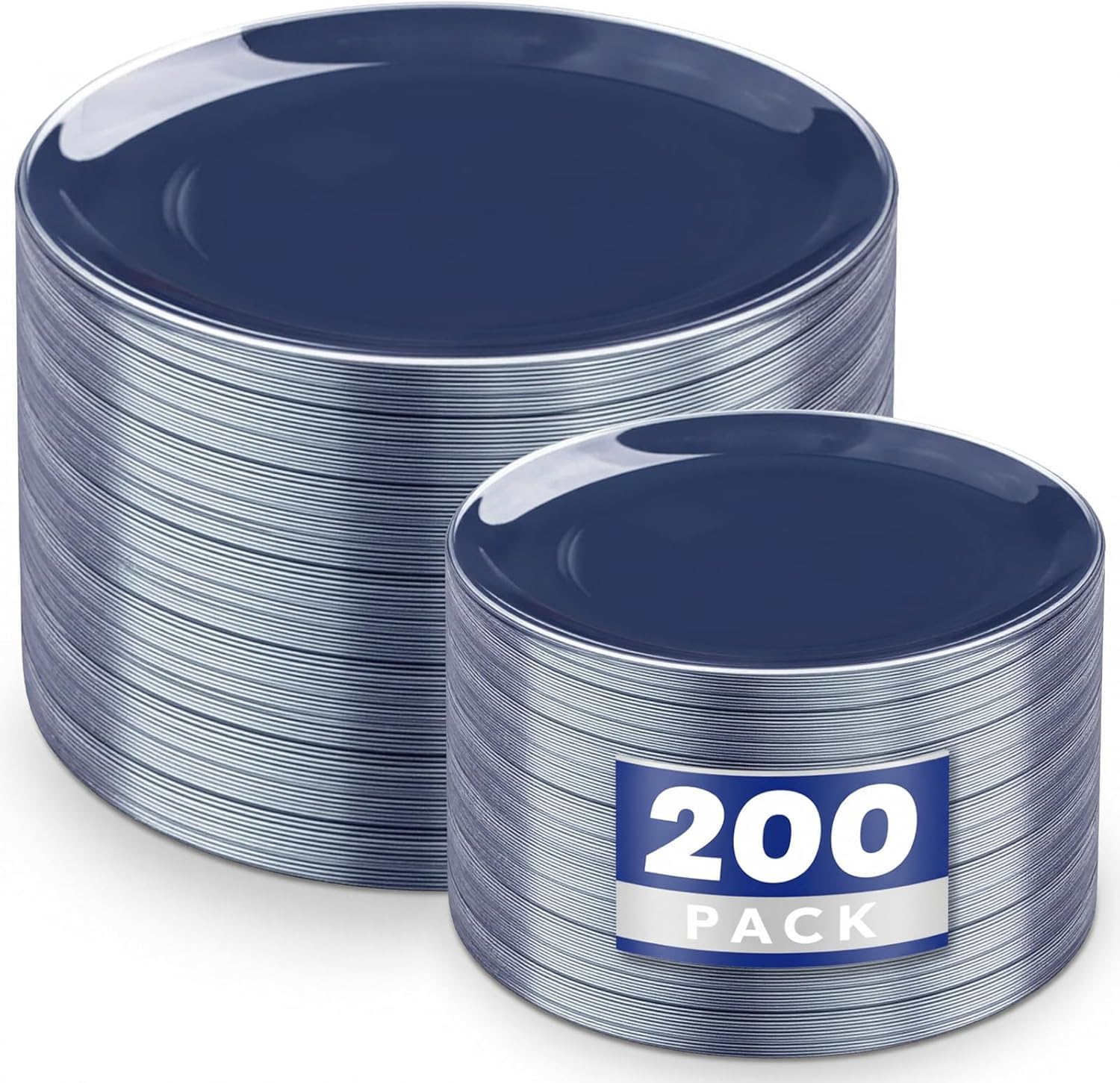 KIRE 200PCS Blue Plastic Plates with Silver Rim - Navy Blue Plastic Plates Include 100 Dinner & Dessert Plate - Heavy Duty Dark Blue Disposable Plate