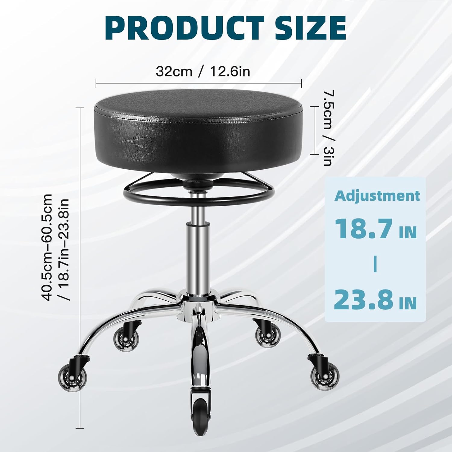 Rolling Stool with Wheels 400lbs Weight Capacity,Heavy Duty Lash Chair Adjustable for Tatoo Lab Massage Salon Spa Drafting Nail Teach,360 Swivel,Leather,Thick Seat Padding (Black)