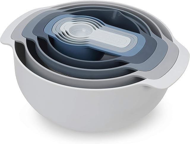 Joseph Joseph Nest 9 Plus, 9 Piece Compact Food Preparation Set with Mixing Bowls, Measuring cups, Sieve and Colander, Blue
