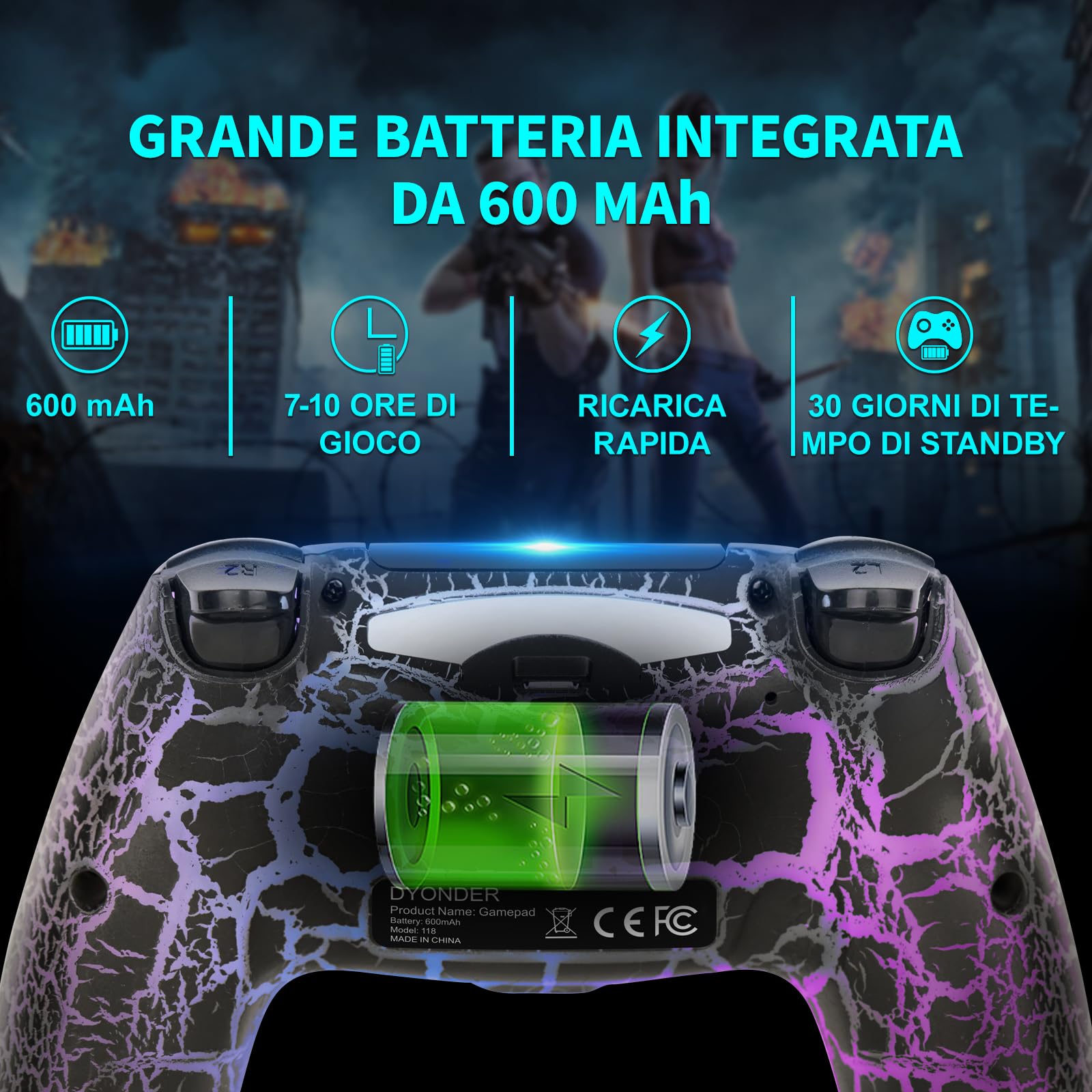 wireless Controller per PS4, Gamepad wireless con vibrazione doppia, con luce RGB, joystick PS4 per PS4/Slim/Pro/PC(B)