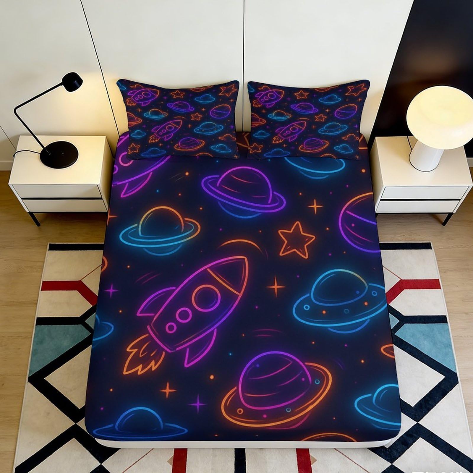 3D Printed Neon Space Rocket Fitted Sheet Microfiber Colourful Planet Mattress Cover for Bedroom Dorm Decor 90x200x25cm