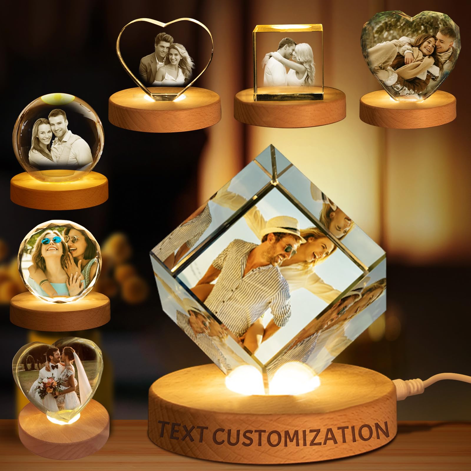 Custom 3D Crystal Ball Night Light – Personalized Photo with Wooden Base – Engraved Gift for Birthday, Wedding, Graduation, and Special Occasions (Tilted Cube)