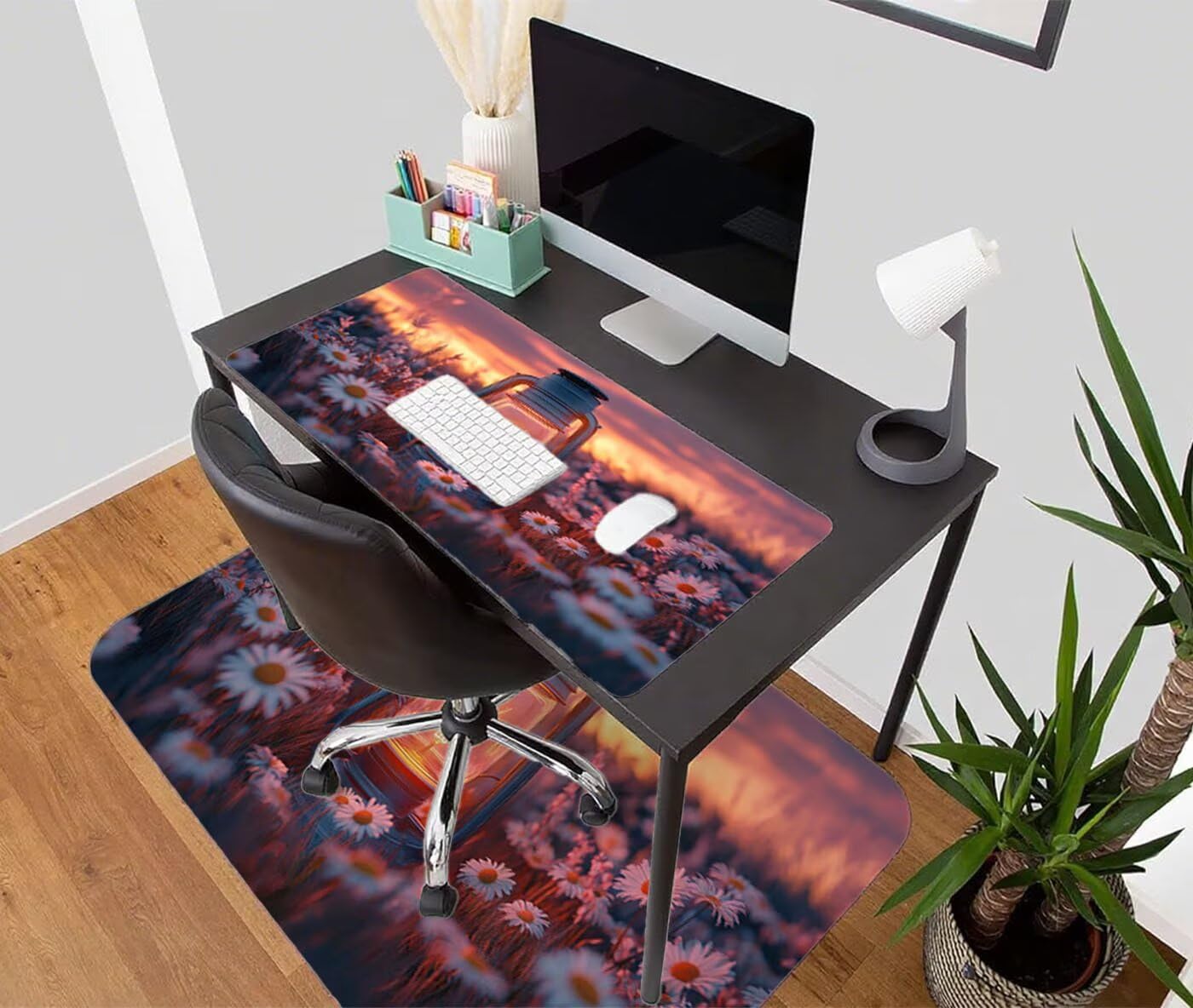 Podkładka pod mysz XXL 1200 x 600 mm duża podkładka pod mysz dla graczy lampa pod ręką biurko szyte krawędzie wodoodporna antypoślizgowa do komputera, laptopa poprawia precyzję i szybkość, kwiat S