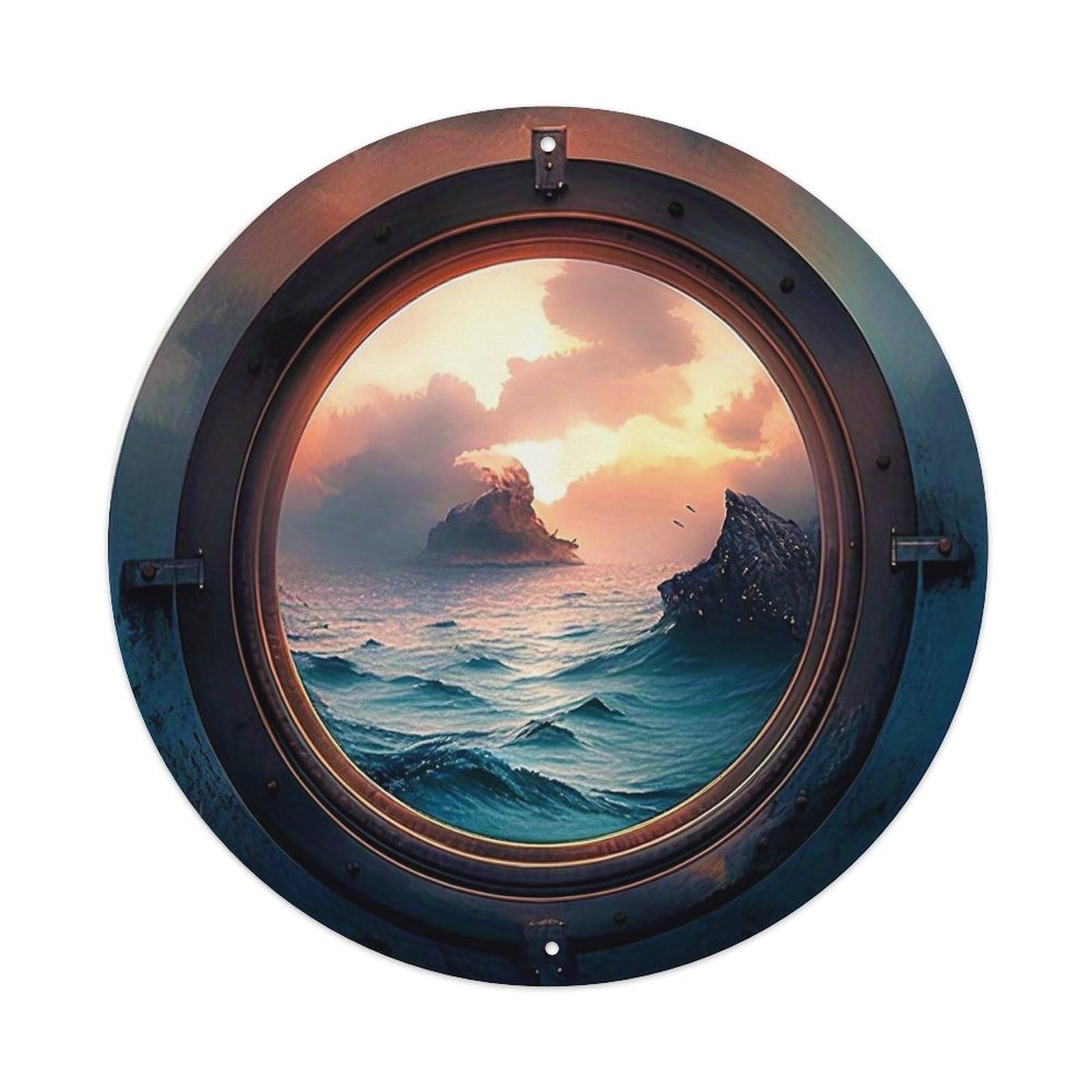 Porthole View Of Ocean Scenery Round Tin Sign Vintage Metal Sign Home Bar Garden Indoor & Outdoor Wall Decor Retro Metal Poster 8x8 Inch