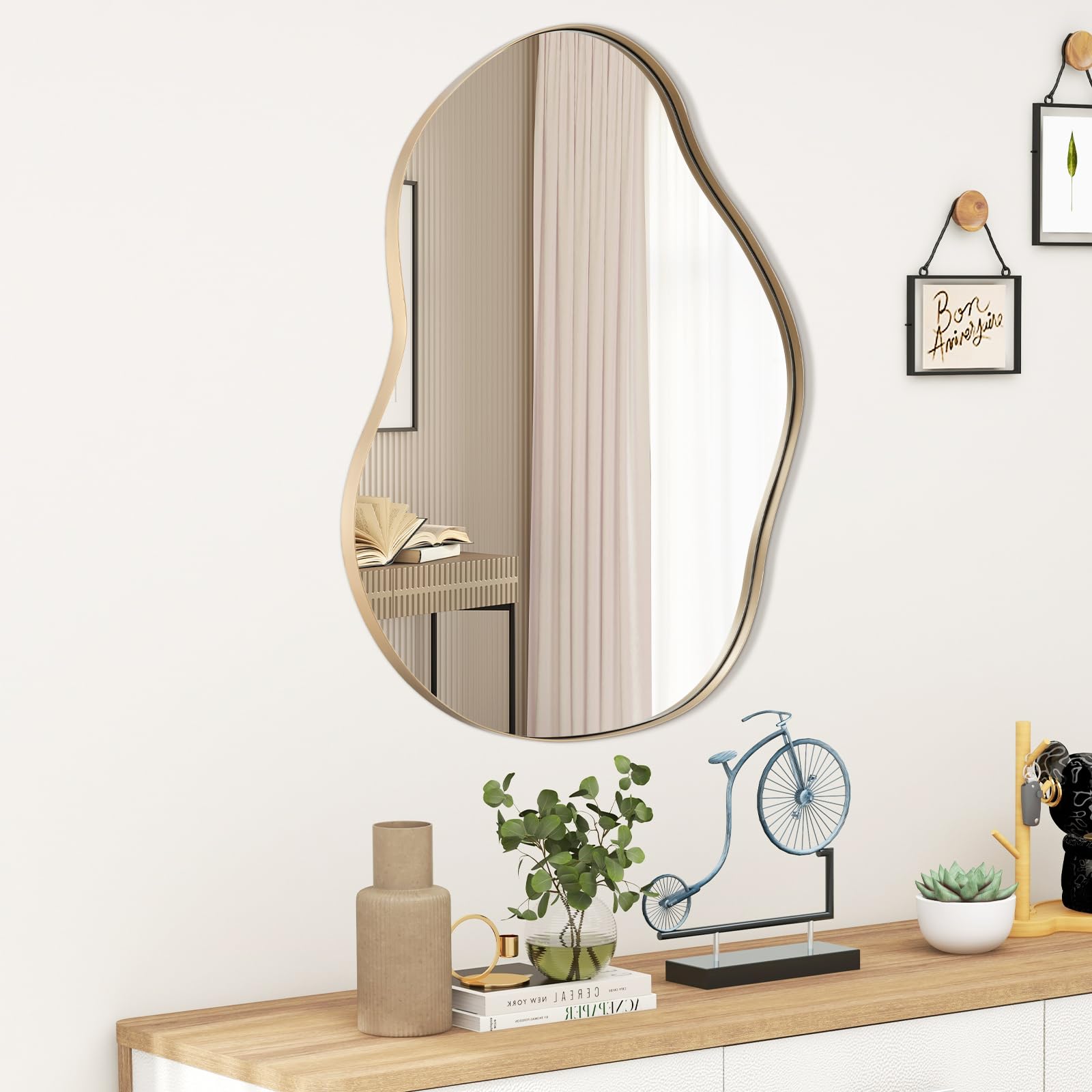 HLFMVWE Asymmetrische accentspiegel voor aan de muur, ovale houten frame in vrije vorm, moderne unieke wandspiegel, decoratie voor badkamer, woonkamer, slaapkamer, hal, artistiek, large 66 x 45,7 cm