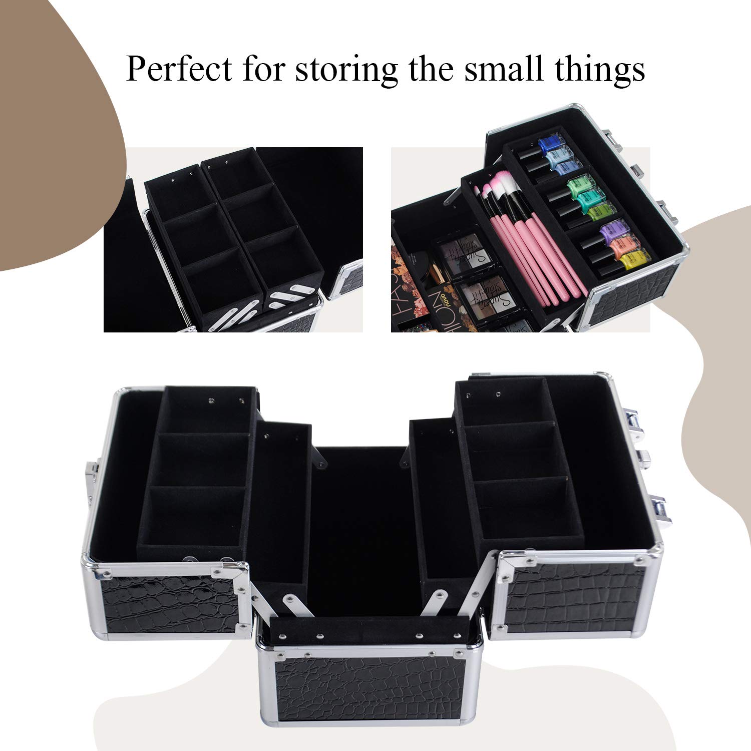 Maletín Maquillaje Cuero de Cocodrilo Maletín Maleta de Makeup y 4 Tarias Estuche Cosméticos Organizador Estuche de Uñas Beauty Case de Viaje Joyero y Manicura para Mujer Profesional, Nergo