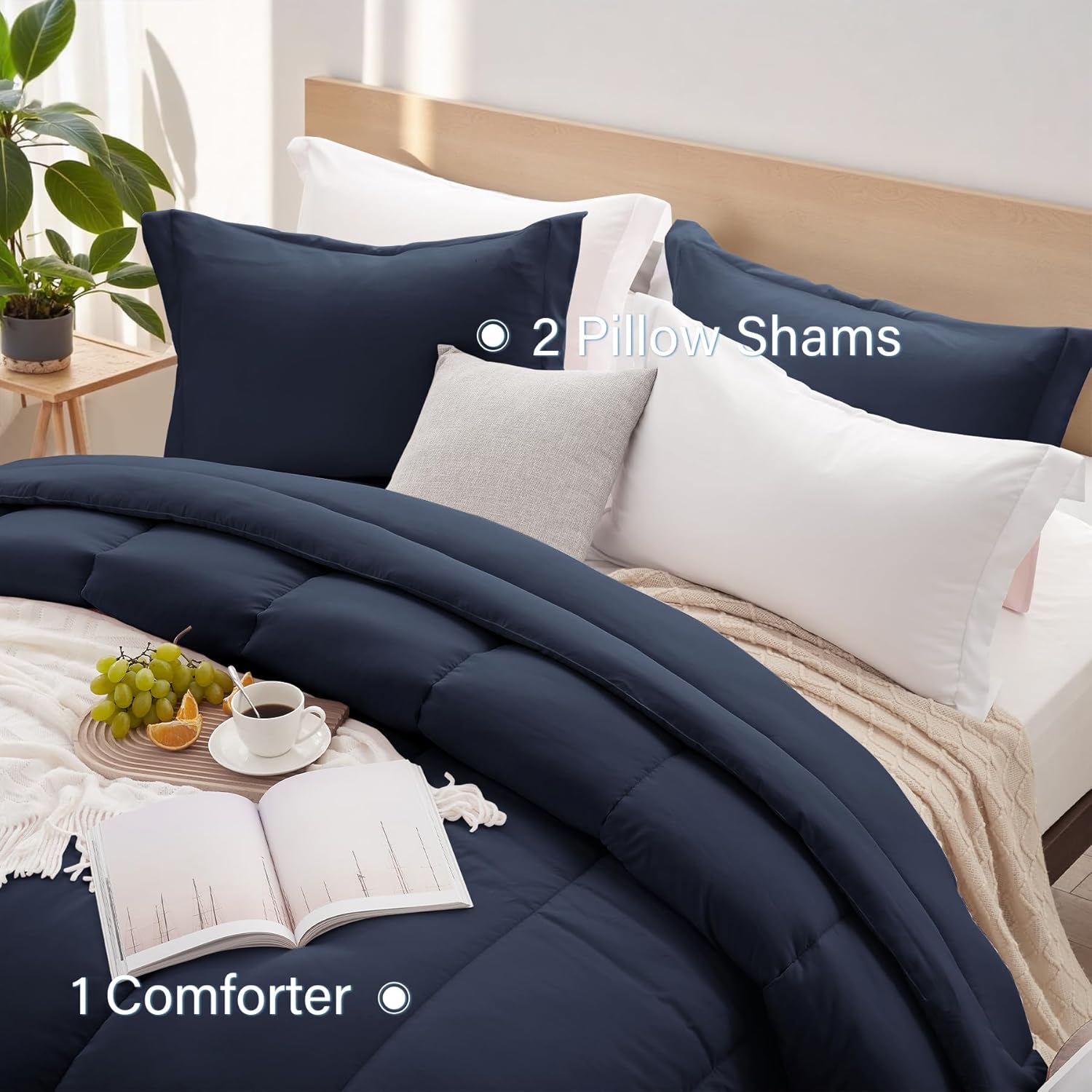 SunStyle Home Queen Comforter Set - 3 Pieces Reversible Comforters Queen Size, Lightweight Bedding Sets with 1 Down Alternative Comforter and 2 Pillow Shams for All Seasons,Navy Blue - Image 4