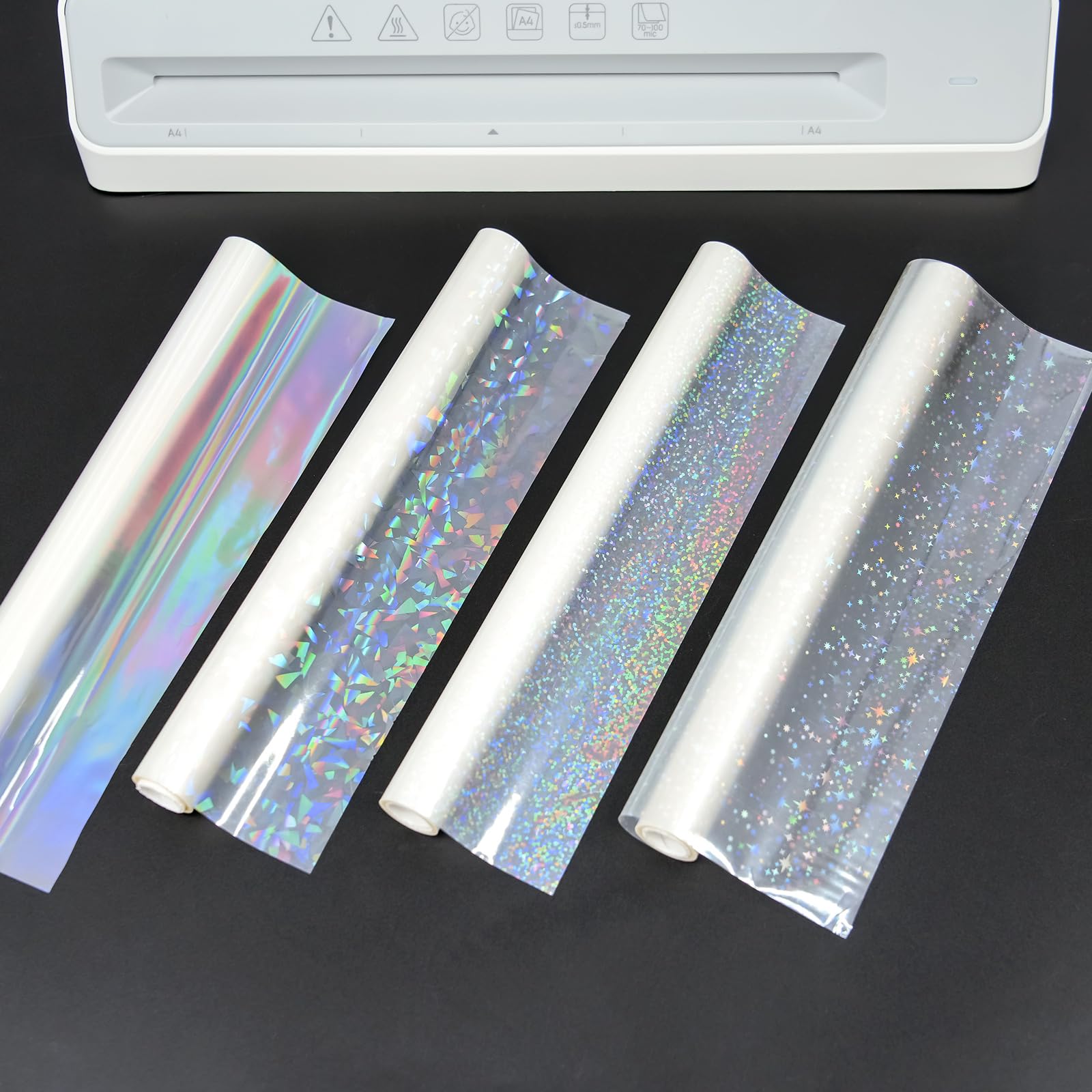 4Pcs/Set BOPP Holographic Precoated Film 8.6x196.8 inch T 1 mil Clear Waterproof Scratch-Proof Thermal Laminating Film Roll Compatible with Laminators Craft DIY Christmas Party Paper Crafts Decorative