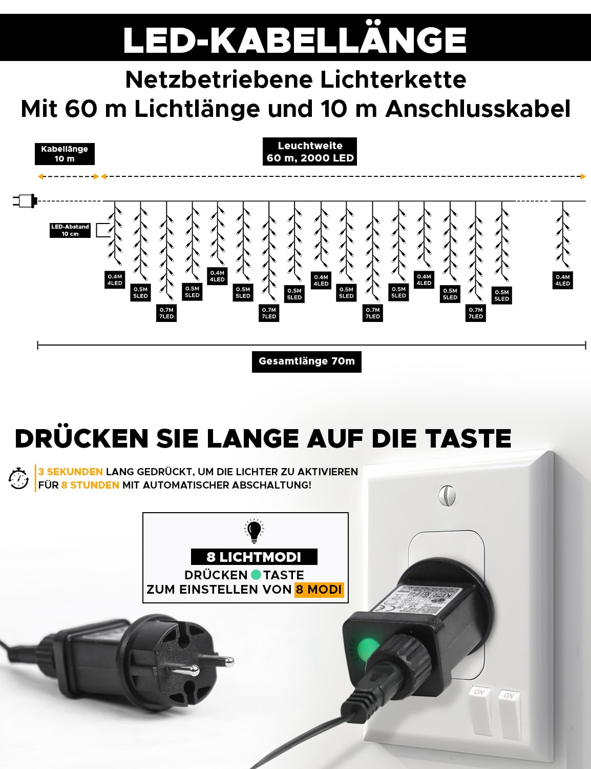 EcoNour Eiszapfen-Lichterkette für den Außenbereich, 2000 LEDs, 60 m, warmweiß, mit Timer für Weihnachten, Garten & Party | Netzbetriebenes, transparentes Kabel