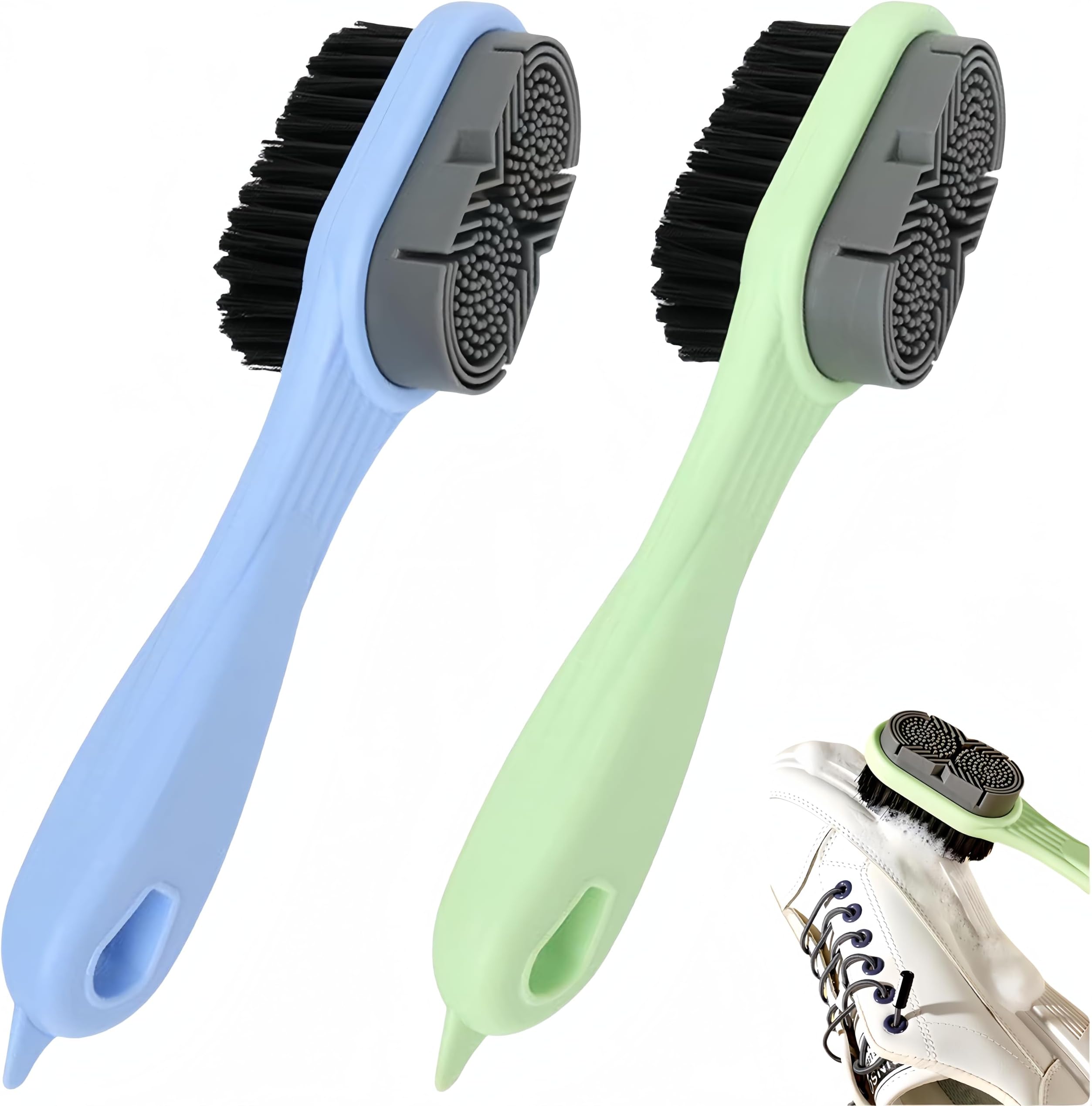 2 Pack Double-Sided Shoe Cleaning Brush, Silicone Head Shoe Scrub Brush, Long Handle Multifunctional Shoe Cleaner for Leather Shoes/Sneakers/Canvas Shoes, Easy to Grip