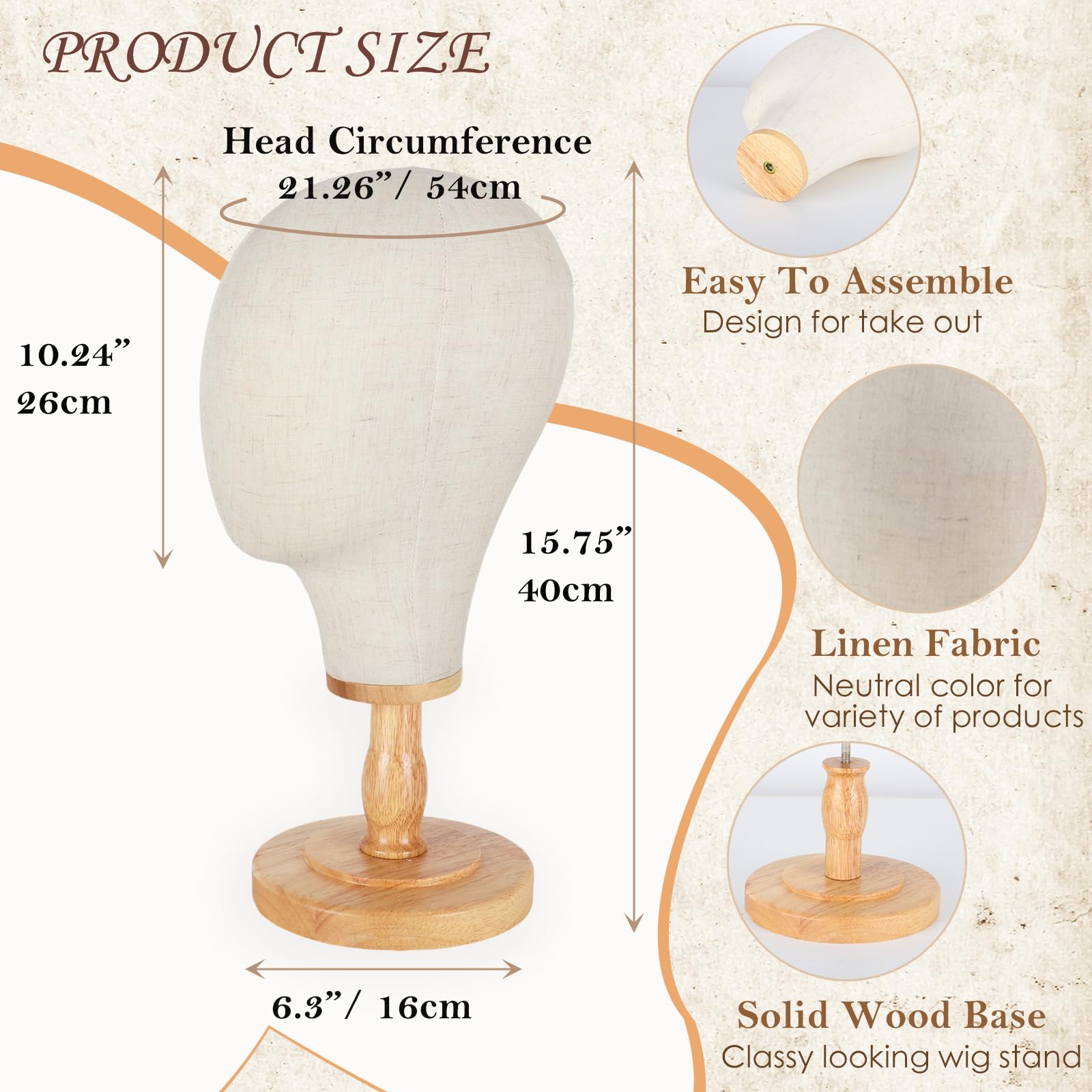 DaizySight Canvas Wig Stand Mannequin Head for Hat Display 21" Neutral Canvas Head with Detachable Wooden Base - Image 3