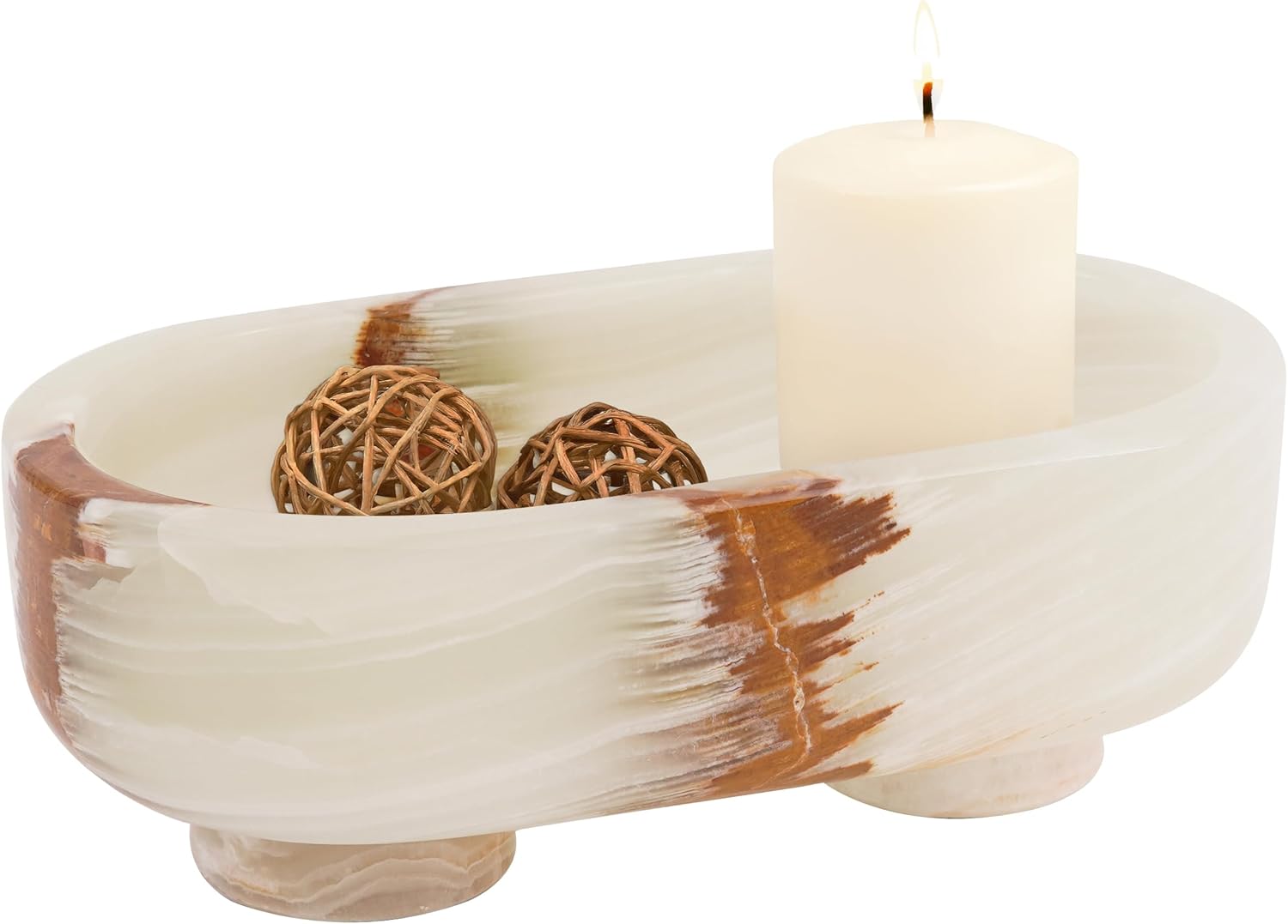 Radicaln Marble Oval Bowl With Stand 10" Inches White Onyx Handmade Fruit Bowl For Kitchen Counter, Ideal Serving Bowl, Candy and Candle Dish & Banana Holder For Kitchen Table