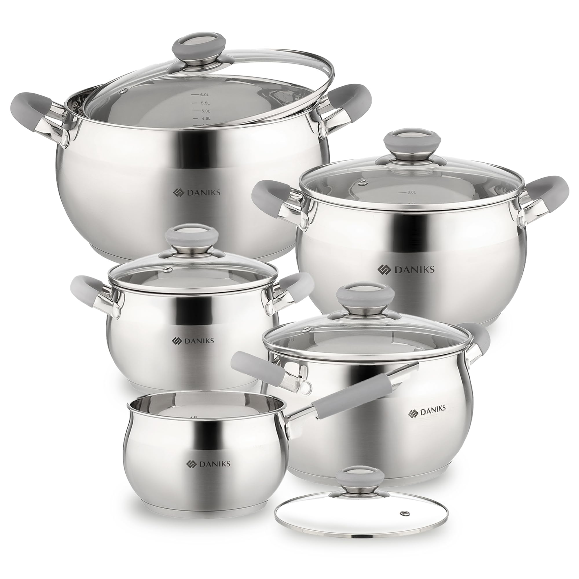 DaniksModern 10-Piece Stainless Steel Induction Cookware Set – Dishwasher Safe Saucepan, Pots with Heatproof Handles, Glass Lids, Silver