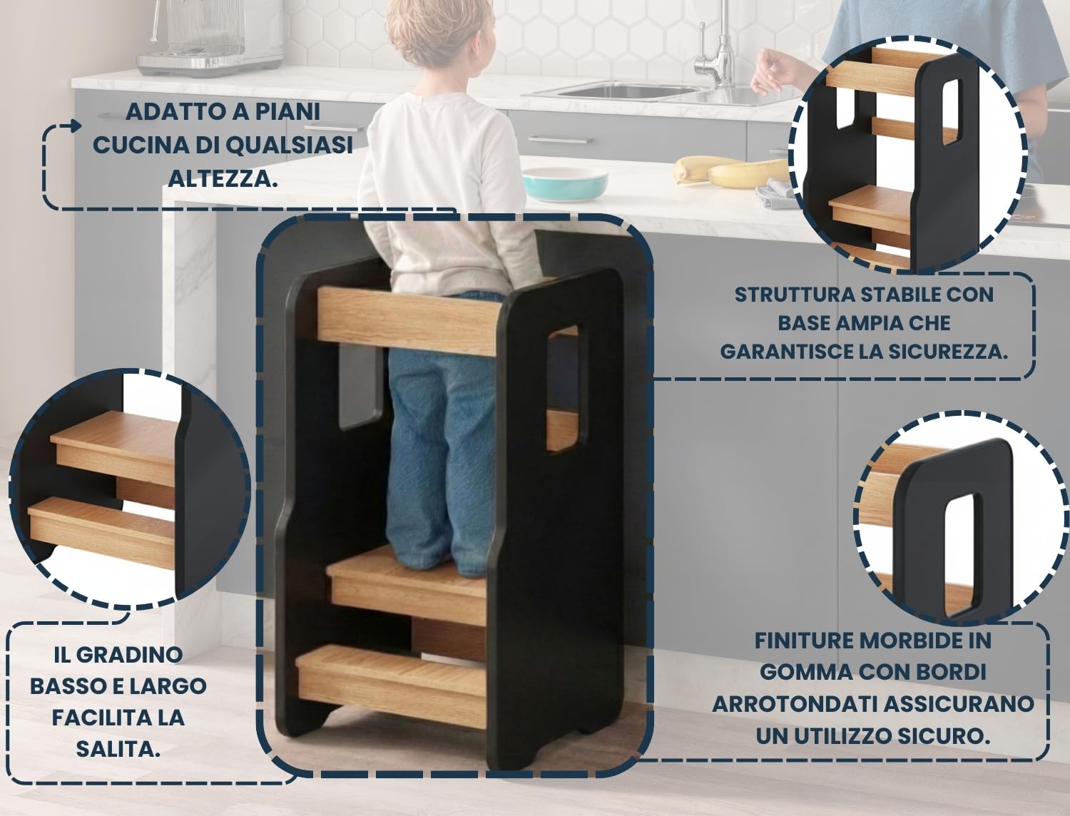 Torre Montessoriana Bambini, Nero/Quercia | Regolabile su 3 Livelli, Torretta Montessoriana, Learning Tower, Torre di Apprendimento, Sedia Evolutiva, Stabile e Sicura