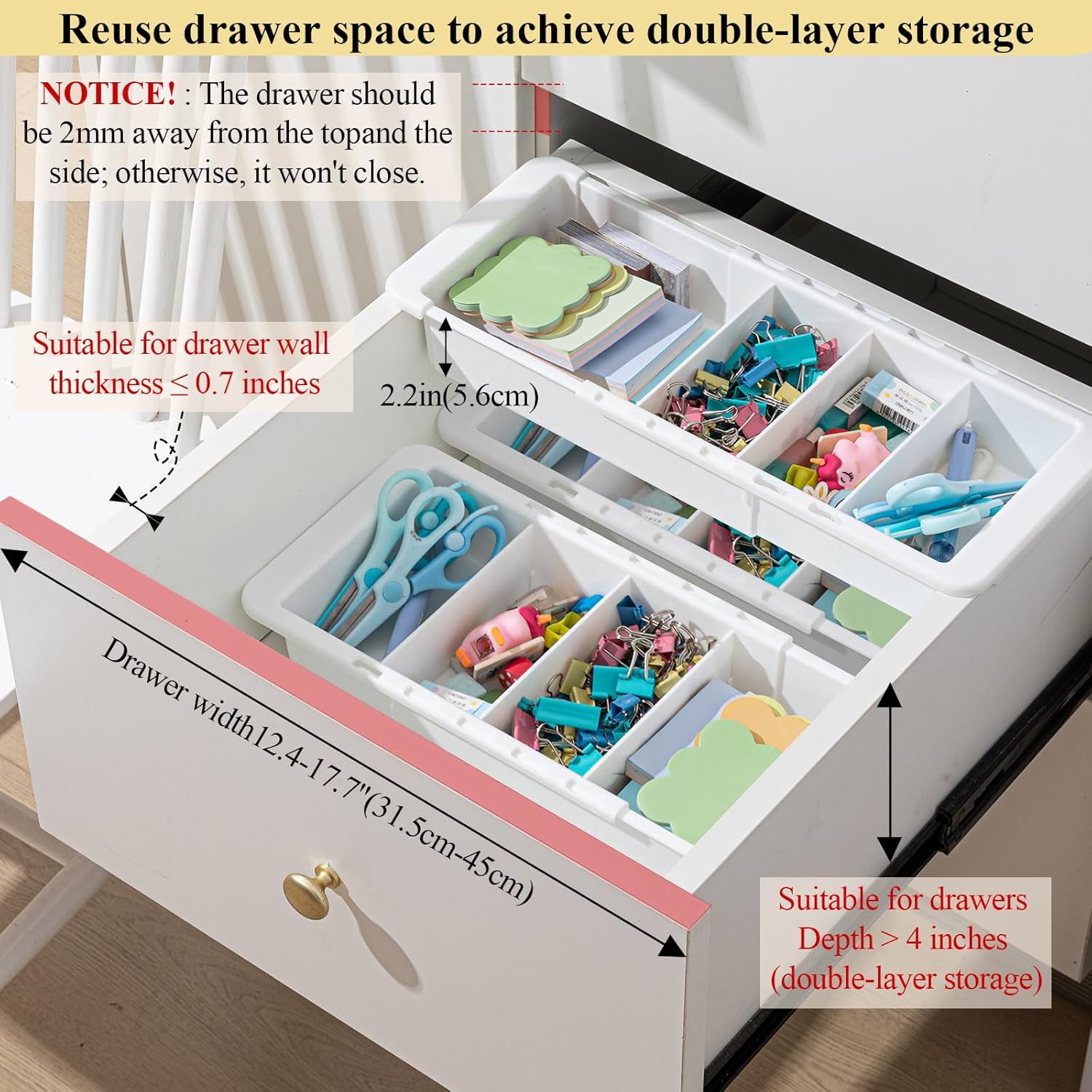 4 Pcs Expandable Drawer Organizer Bins Adjustable Deep Drawer Hanging Organizer Tray Expandable 11.4 to 18.1 Inches Plastic Dividers Storage for Office Bathroom Bedroom Kitchen Desk, White