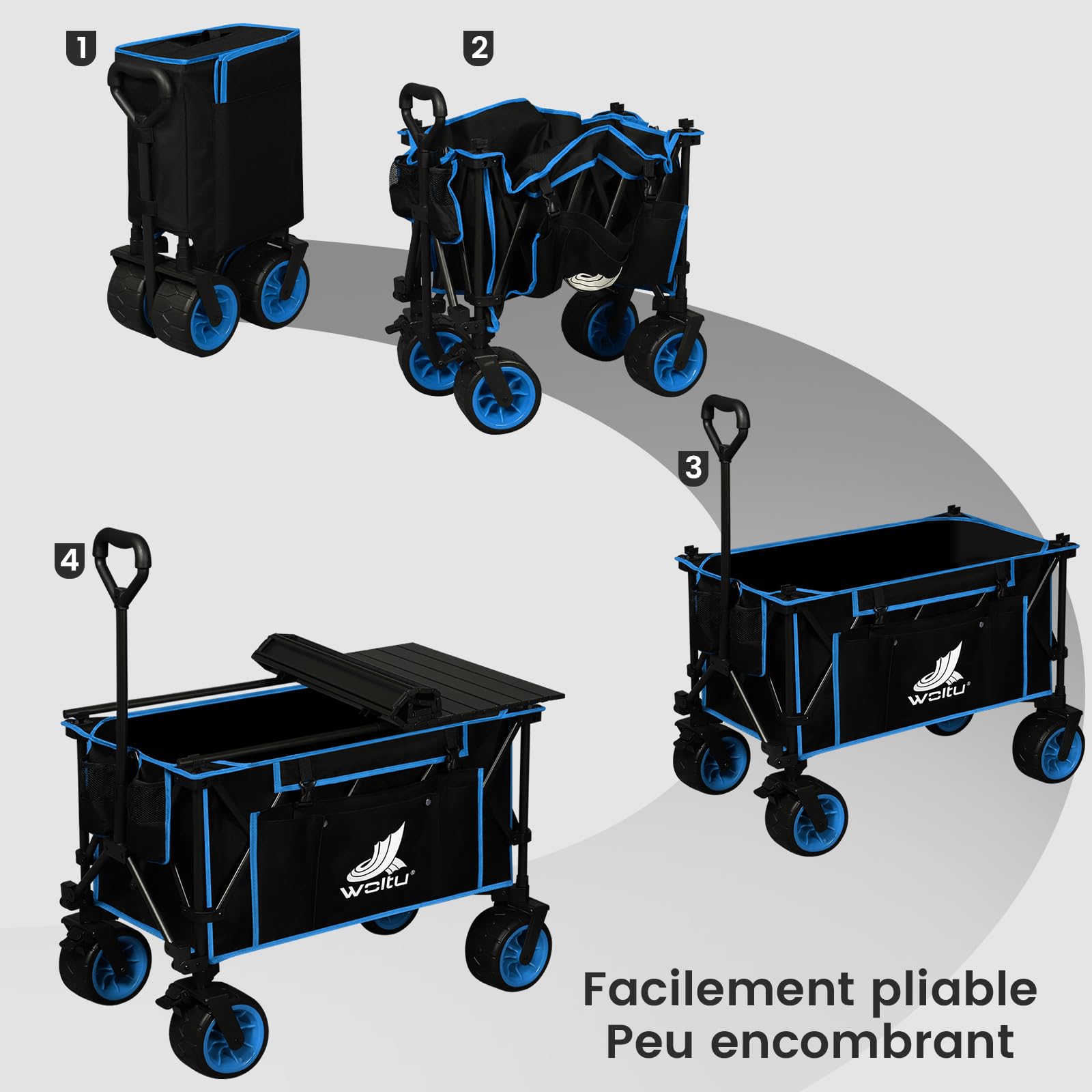 WOLTU Chariot de Jardin à roulettes, Chariot Pliable avec Plateau Amovible, Capacité 120kg, en Tissu Oxford+Acier, Noir+Blue