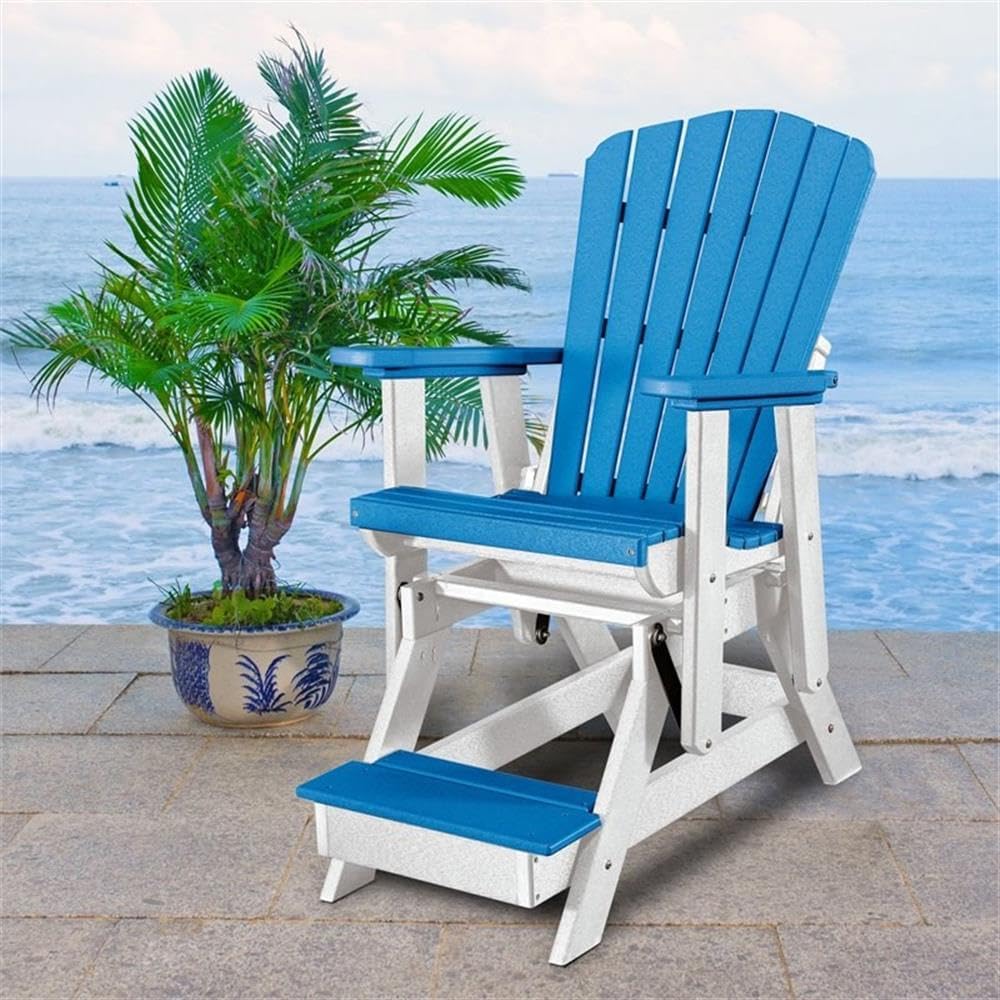 Pemberly Row Coastal Resin Fan Back Balcony Glider, 48" H x 27" W x 40" D, High-Density Poly Resin, Blue/White Finish, Contoured Seat, Heavy-Duty Outdoor Glider for Balcony, Deck, or Patio Relaxation
