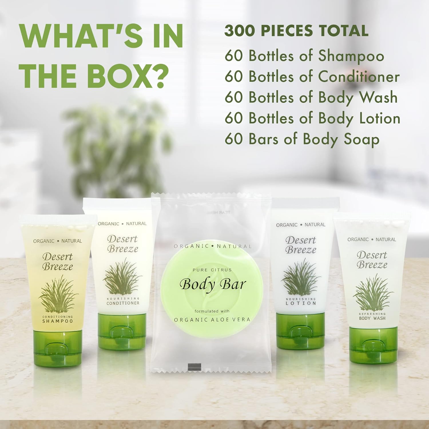 Travel Size Hotel Toiletry Set 300 Count 1 oz Bottles Guest Amenities for Vacation Rentals and Short Term Rentals Paraben Free Green Tea Lemongrass Scent Infused with Aloe and Olive Oil |Desert Breeze