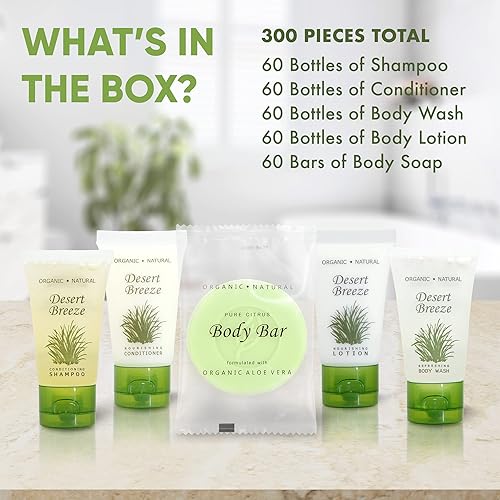 Vista 3 de Desert Breeze Hotel Jabones y artículos de tocador a granel Kit de amenidades 1-Shoppe Champú y acondicionador de 1 oz, gel de baño, loción