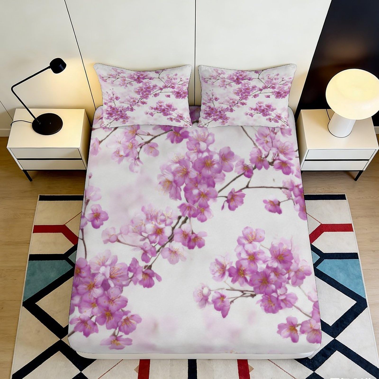 3D Printed Cherry Blossom Fitted Sheet Microfiber Soft Breathable Floral Branch Bed Cover for Bedroom Dormitory Guest Room Mattress Protection Decor 90x200x25cm