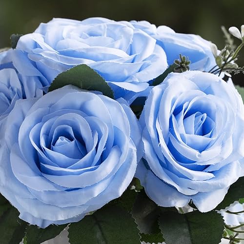 Vista 4 de ENOVA FLORAL 9 cabezas de rosas artificiales en jarrón, rosas falsas con jarrón de cristal para decoración (azul)