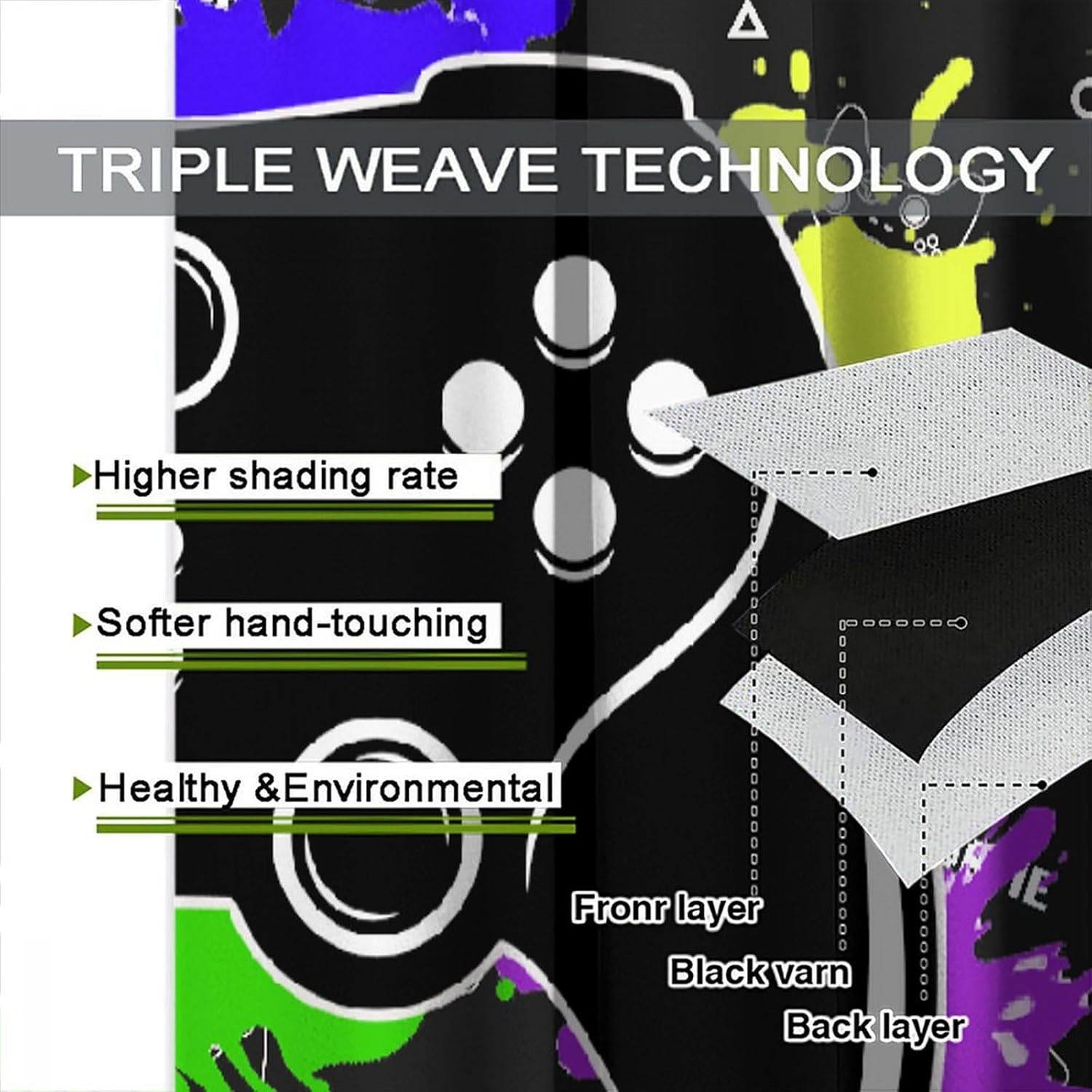 Gaming Curtains for Boys Teens, Black Video Games Video Game Blackout Window Drapes Game Controller Home Decor Blackout Window Treatments for Kids Bedroom Living Room, 55x63in