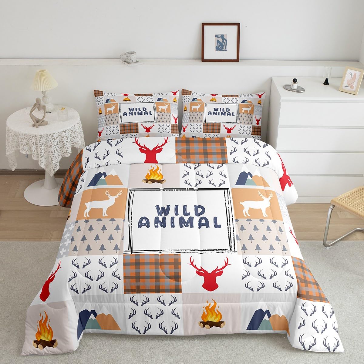 Deer Hunting Comforter Set Twin Size, Wildlife Wild Animal Antler Bedding Set Rustic Farmhouse Patchwork Duvet Insert For Kids Boys Teens Adult Bedroom Decor, Cabin Camping Decor Down Comforter