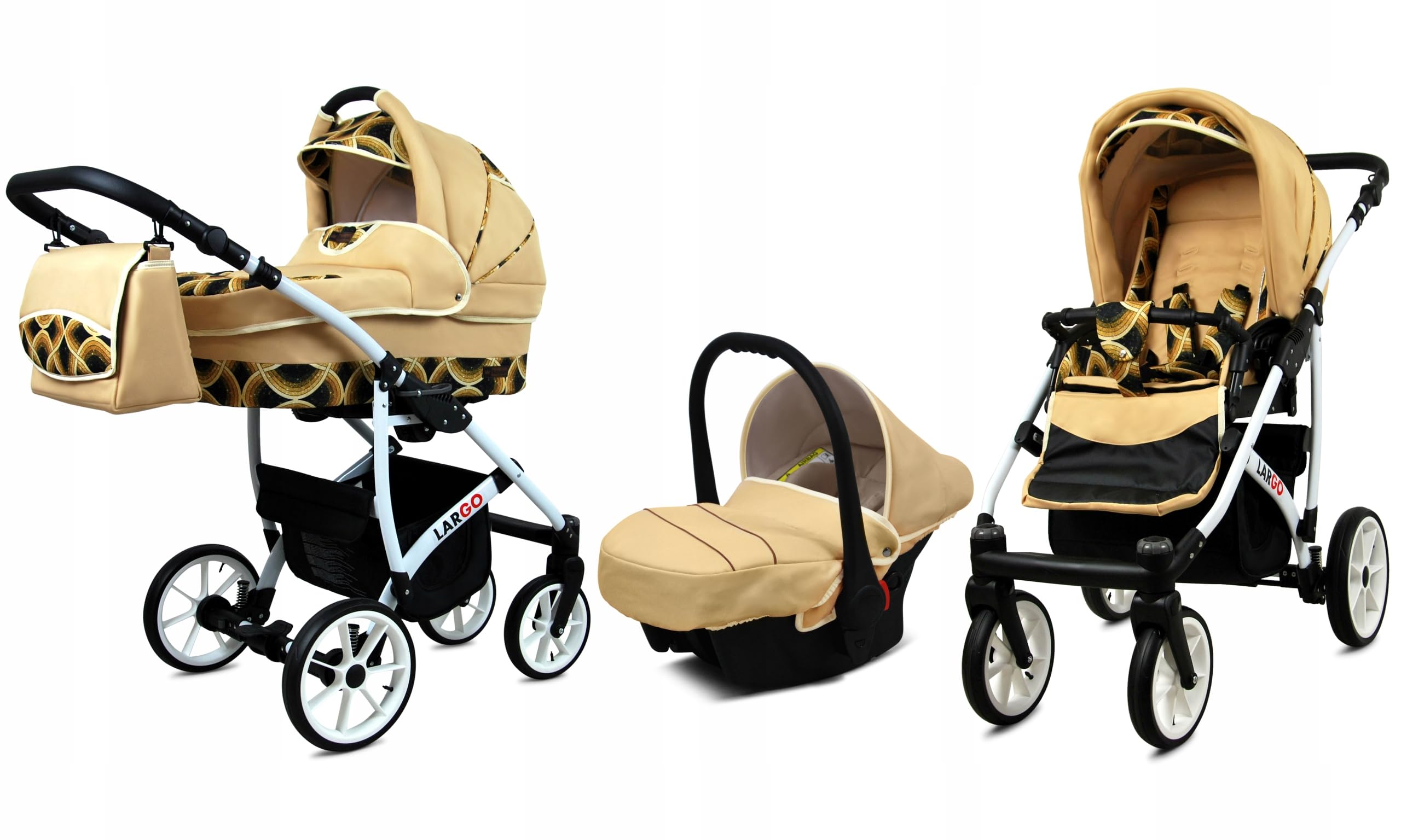 BabyLux Zestaw wózków dziecięcych 3 w 1 – Largo – w zestawie wanienka dla niemowląt, fotelik sportowy, fotelik samochodowy – zestaw wózków dziecięcych z torbą do przewijania, osłoną przeciwdeszczową